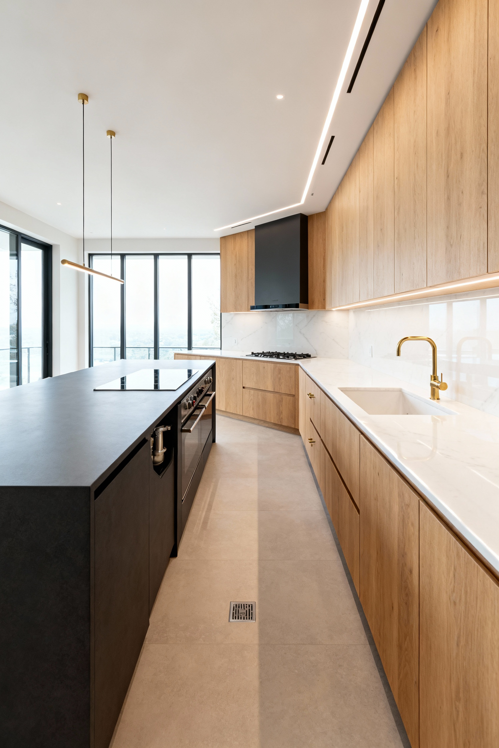 Wide-angle photograph of a contemporary luxury kitchen layout featuring an oversized island, light oak cabinetry, and wide aisles designed for efficient movement in a multi-cook household.