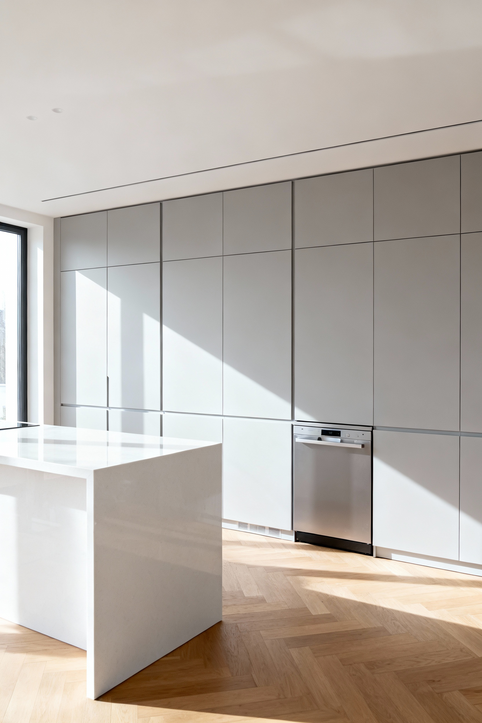 A full view of a contemporary kitchen wall featuring seamless handleless light gray cabinetry. Panel-ready counter-depth refrigerator and dishwasher are fully integrated into the millwork creating an uninterrupted minimalist visual flow.