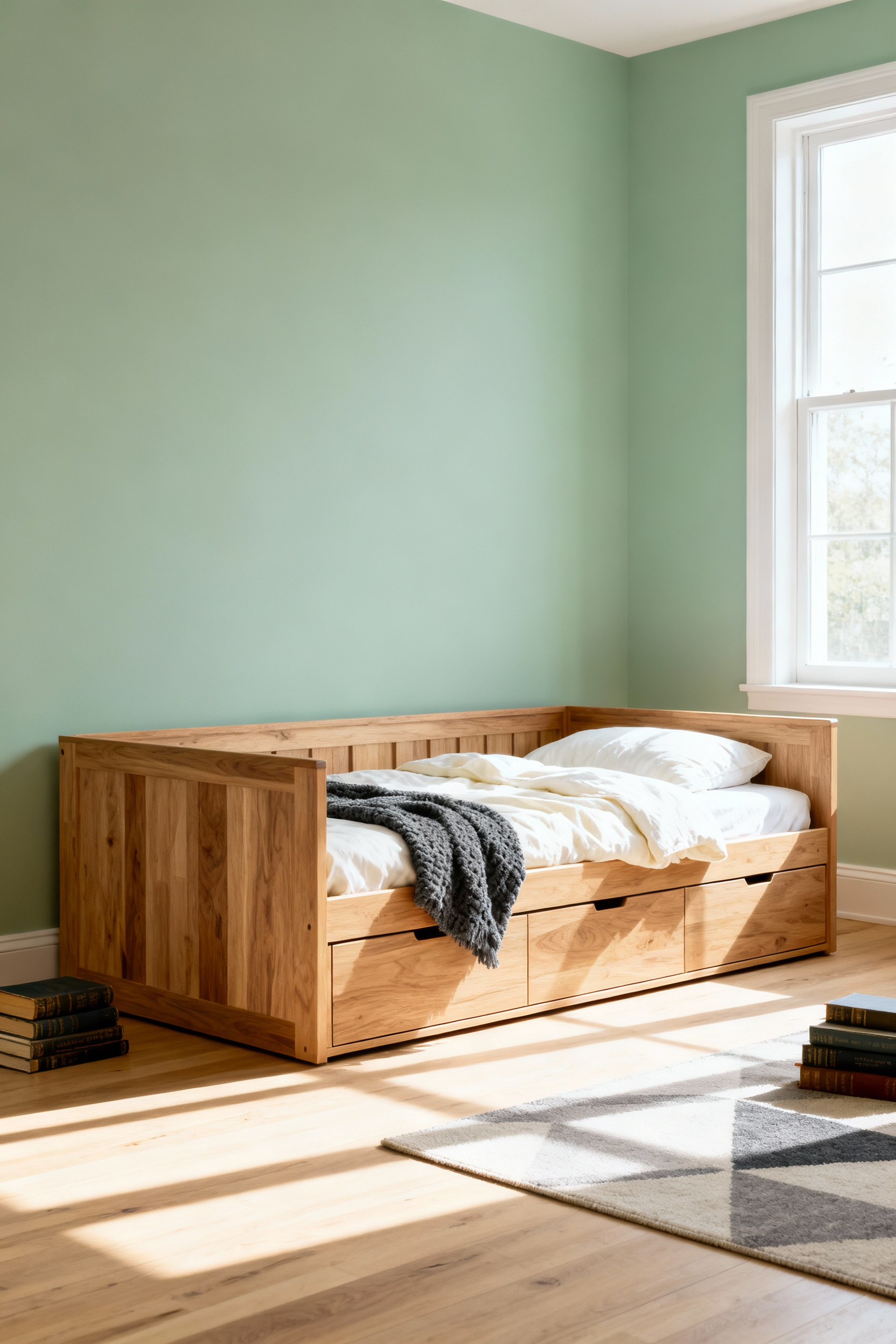 Bright, modern child's bedroom featuring a high-quality, solid light oak convertible sleep system configured as a teen daybed lounger, emphasizing durable construction and longevity.