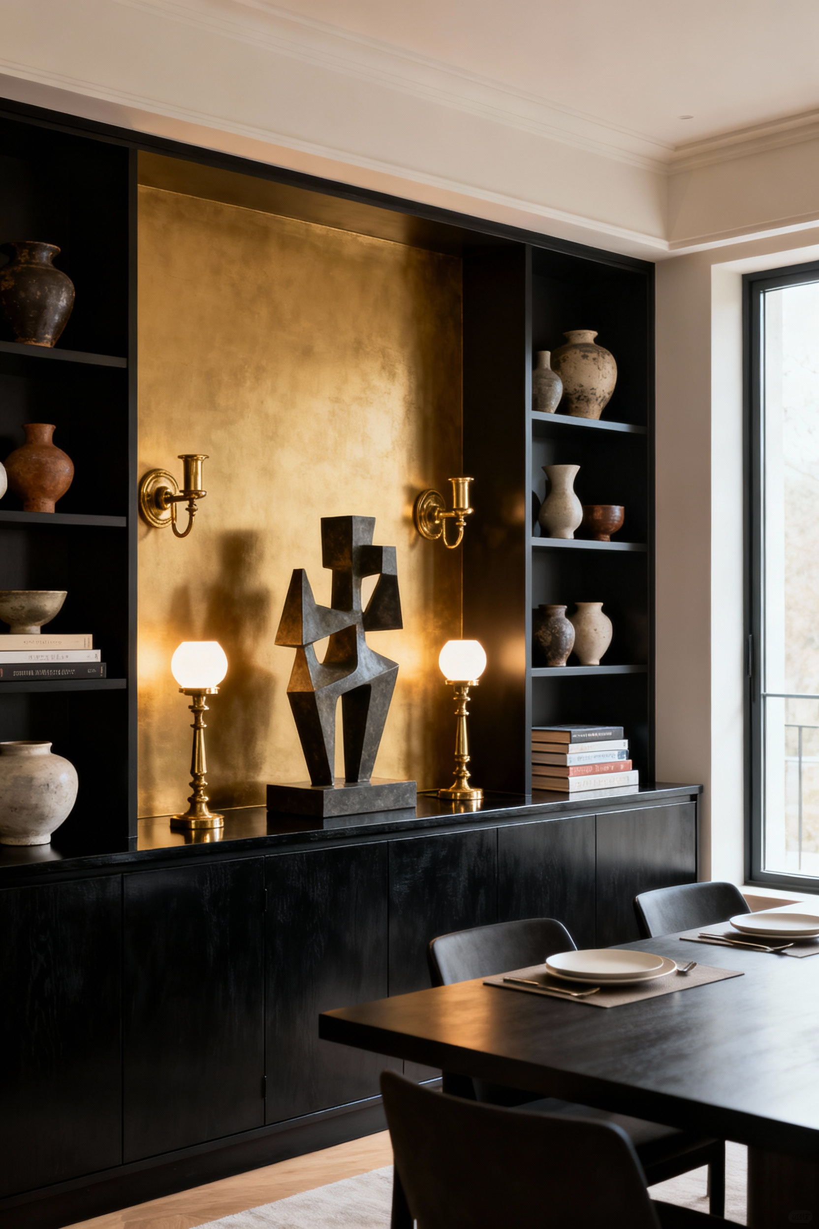 An elegant dining room featuring a beautifully curated display of abstract art and ceramic objects on a dark lacquered sideboard and shelving. Warm lighting from sconces highlights the strategic placement of each piece, creating a sophisticated focal point in the interior.
