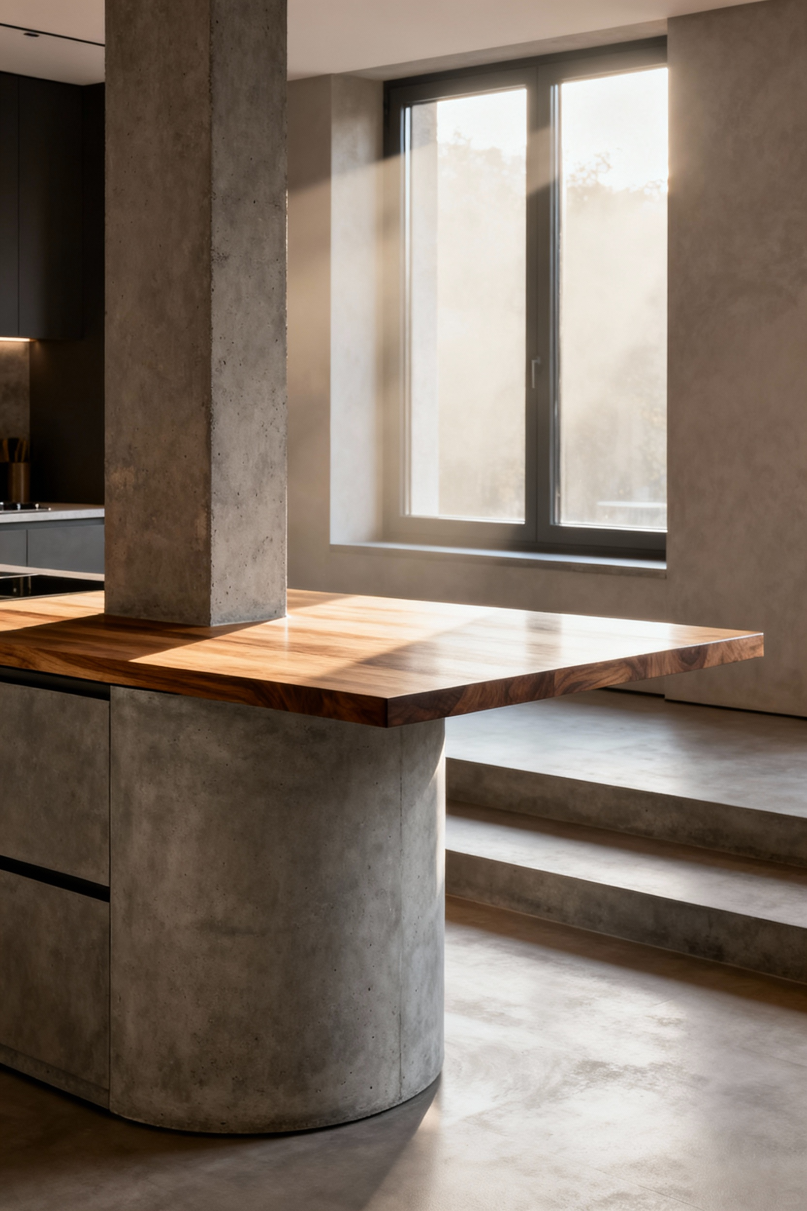 A bespoke modern kitchen table designed for a unique architectural space, such as an ovular table wrapping around a column or a multi-level island/table, showcasing seamless integration and optimized functionality. Custom commissioning allows tailoring specifications for irregular kitchen layouts.