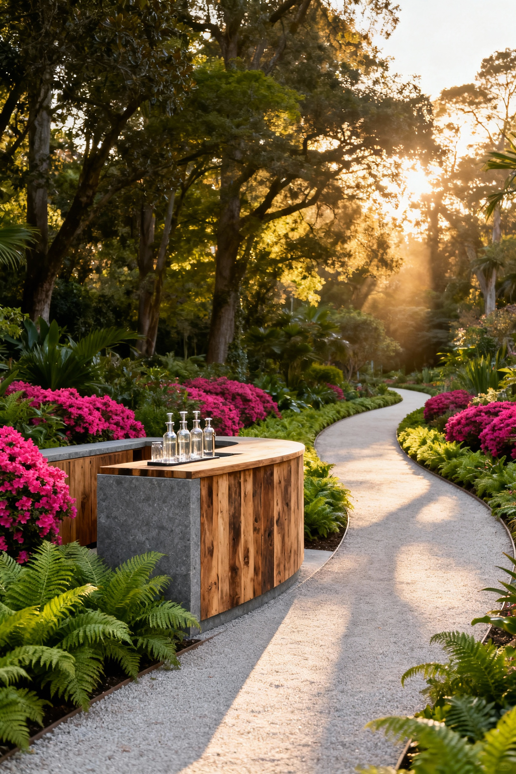 A photograph of a curving gravel garden path leading to a decentralized teak beverage station surrounded by lush greenery and flowering plants at golden hour.