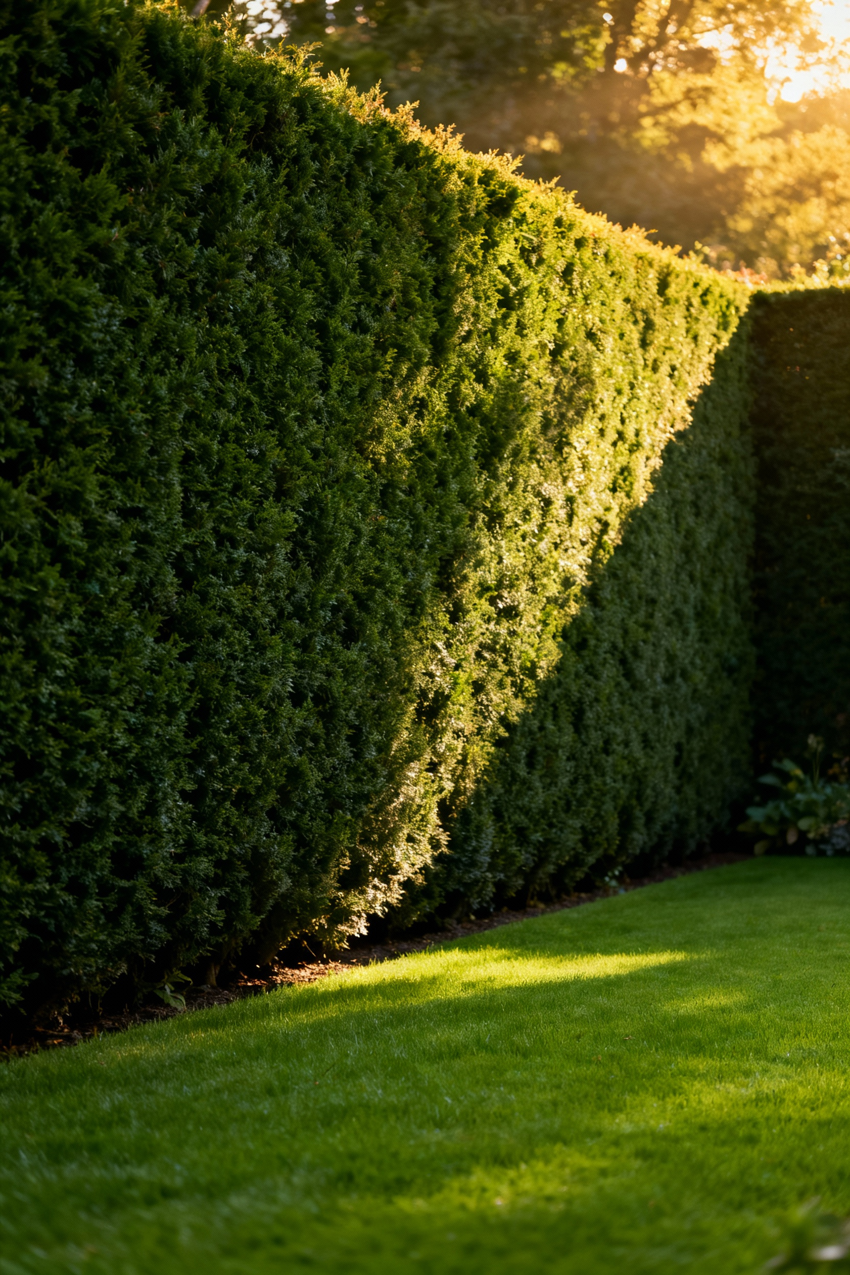 A tall, dense, manicured evergreen hedge acting as a sonic absorber and acoustic diffuser bordering a vibrant green garden lawn, emphasizing foliage density for sound reduction.