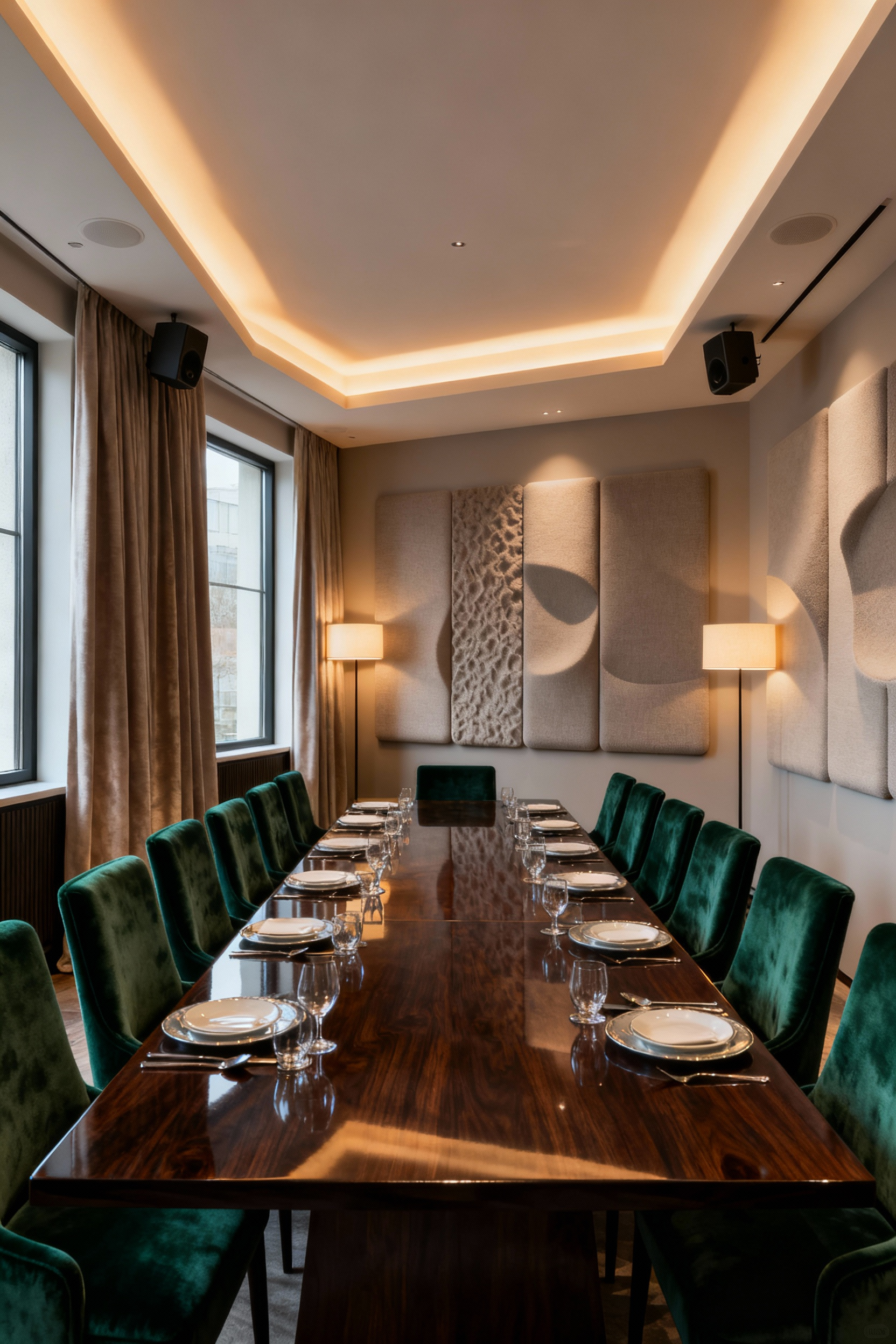 A high-end dining room showcasing intentional acoustic design for optimal auditory ambiance, featuring plush velvet chairs, artful acoustic wall panels, and discreet sound systems within a sophisticated setting.
