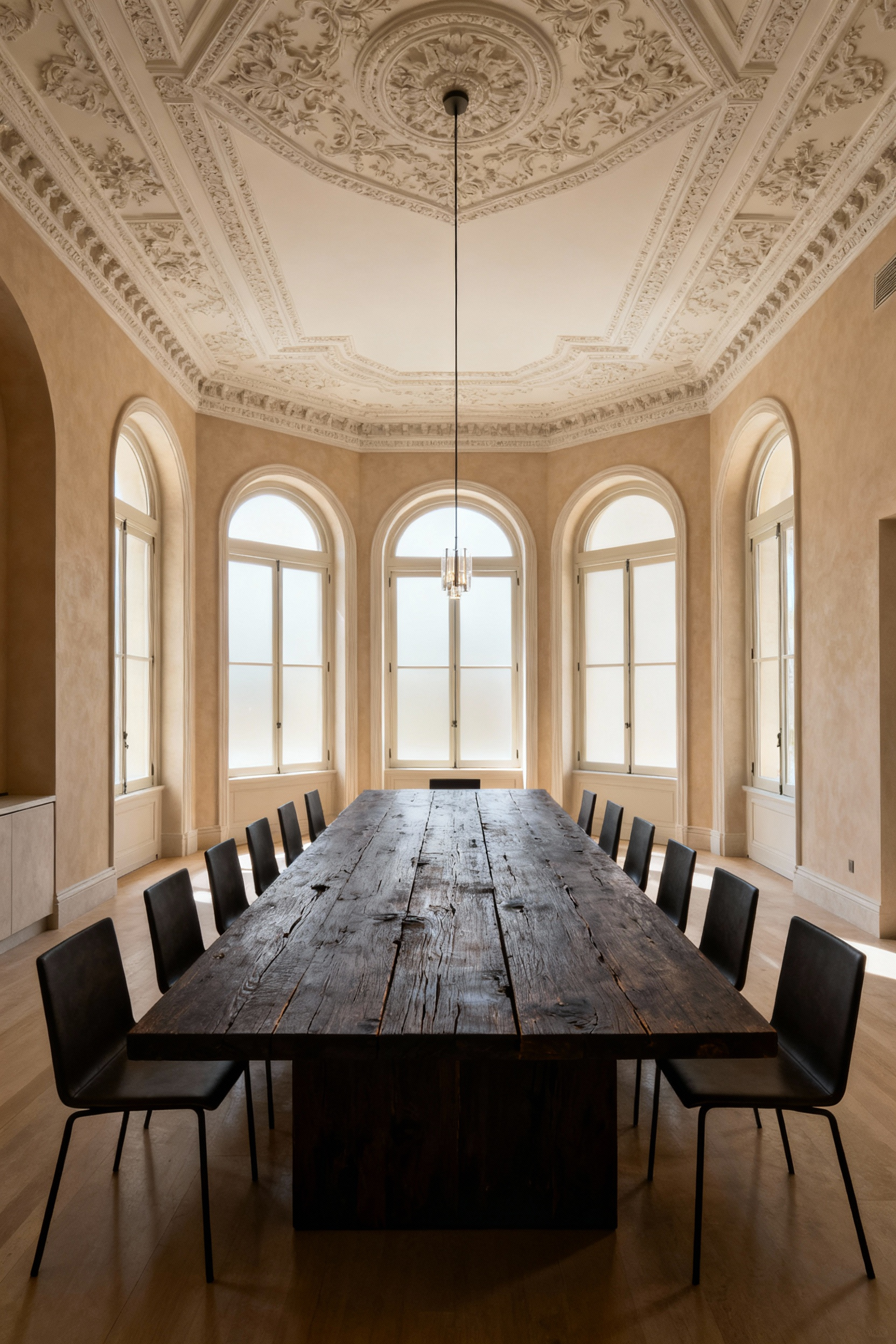 A luxurious and spacious dining room showcasing a large, solid reclaimed oak dining table perfectly proportioned to the high ceilings and architectural volume of the room, creating inherent balance and visual harmony. Soft natural light illuminates the elegant space with sleek, minimalist chairs.