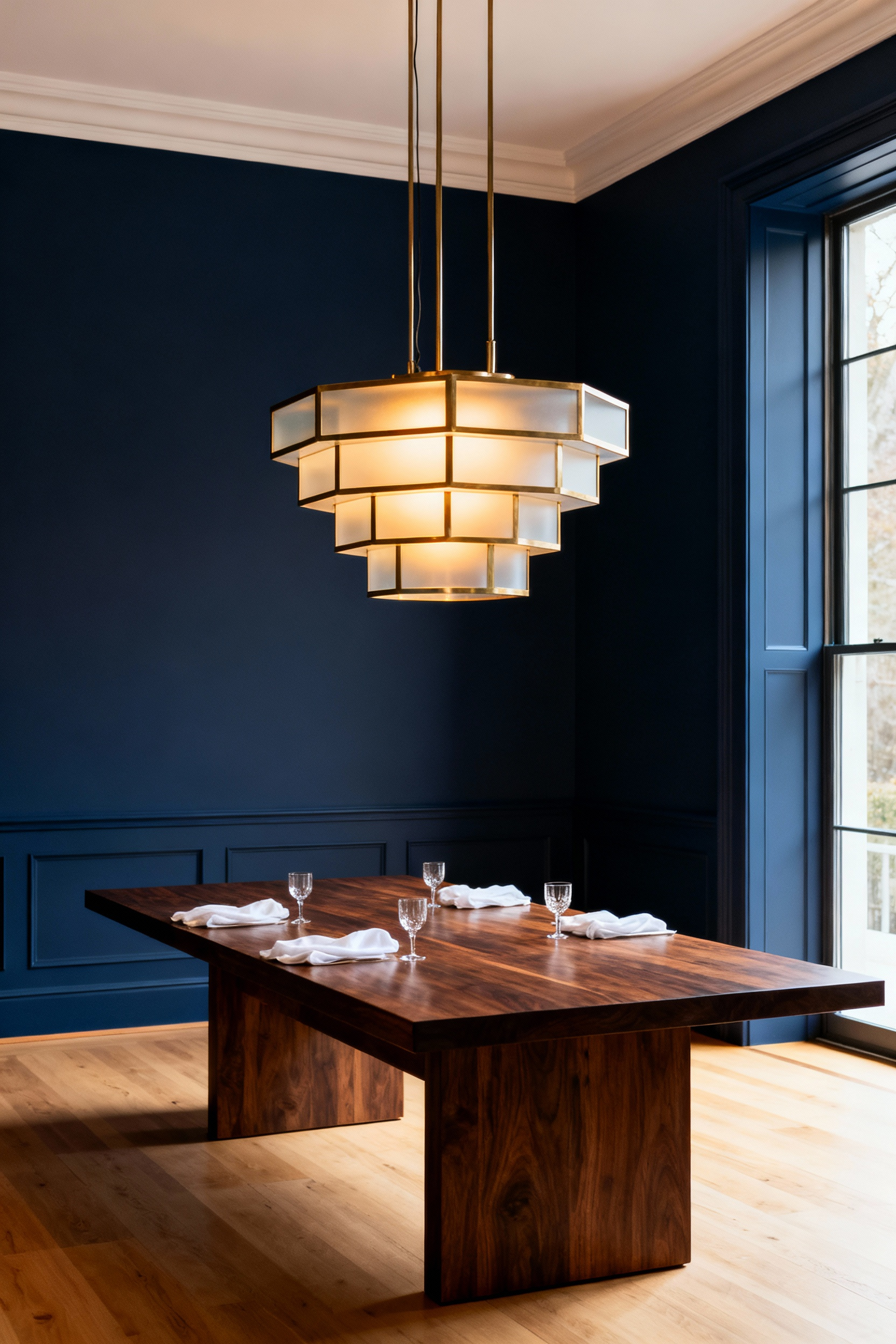 A high-resolution photograph illustrating chandelier proportion, featuring a perfectly scaled geometric brass chandelier hanging over a large rectangular walnut dining table in an elegant dining room.