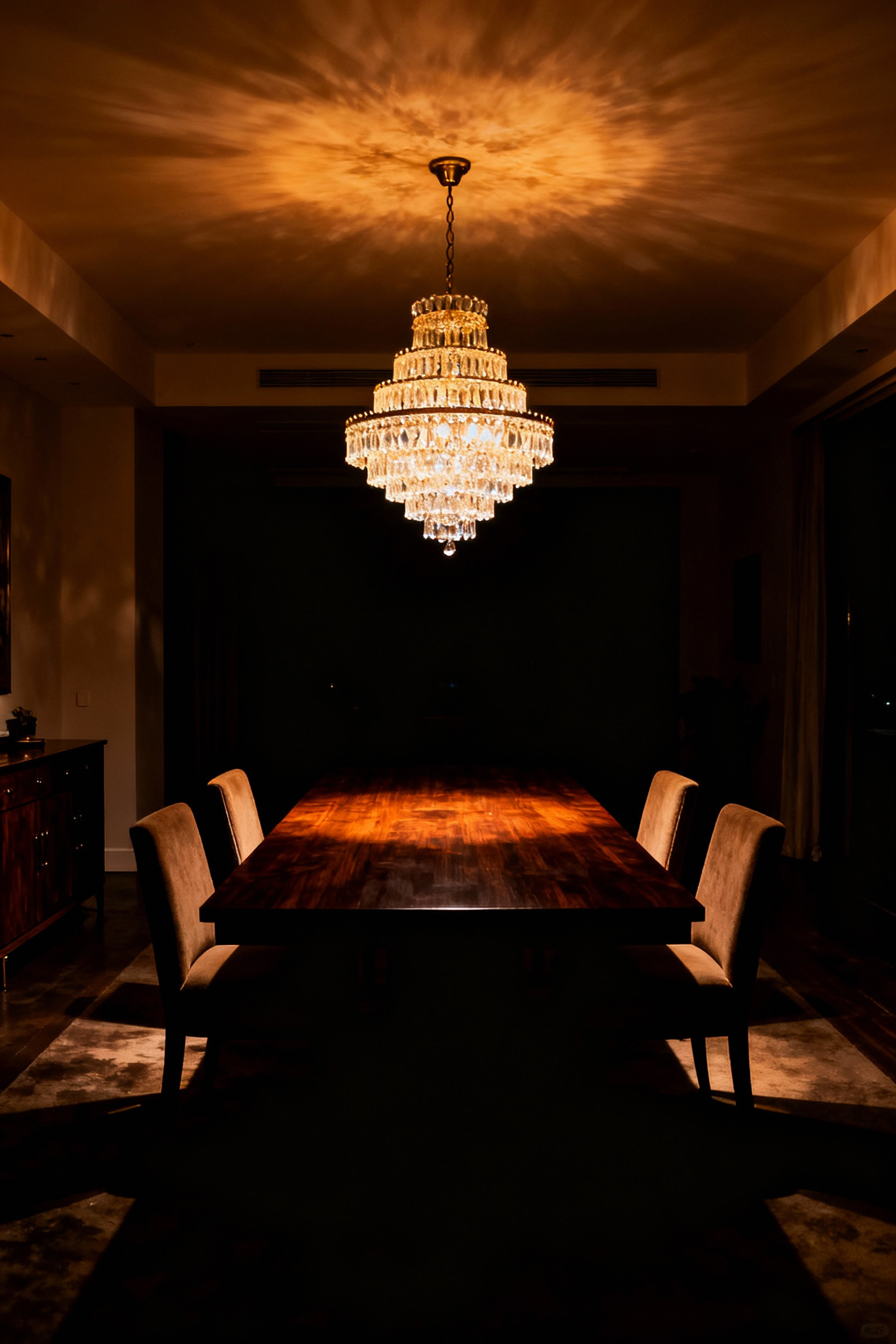 A modern dining room at night featuring a dramatic chandelier casting harsh, localized light onto the central table, leaving the rest of the room perimeter dark and shadowed.