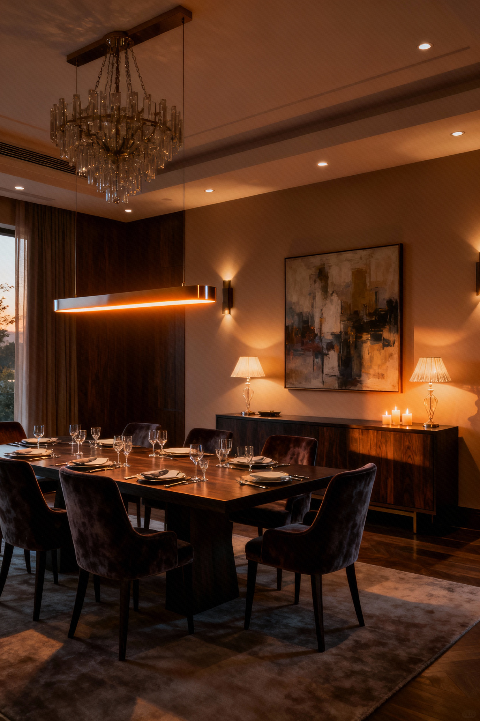 Elegant dining room interior showcasing strategic layered lighting, including a chandelier, pendant light, wall sconces, and table lamps creating atmospheric depth and warmth. Dining Room Layered Lighting, sophisticated ambiance, no people.
