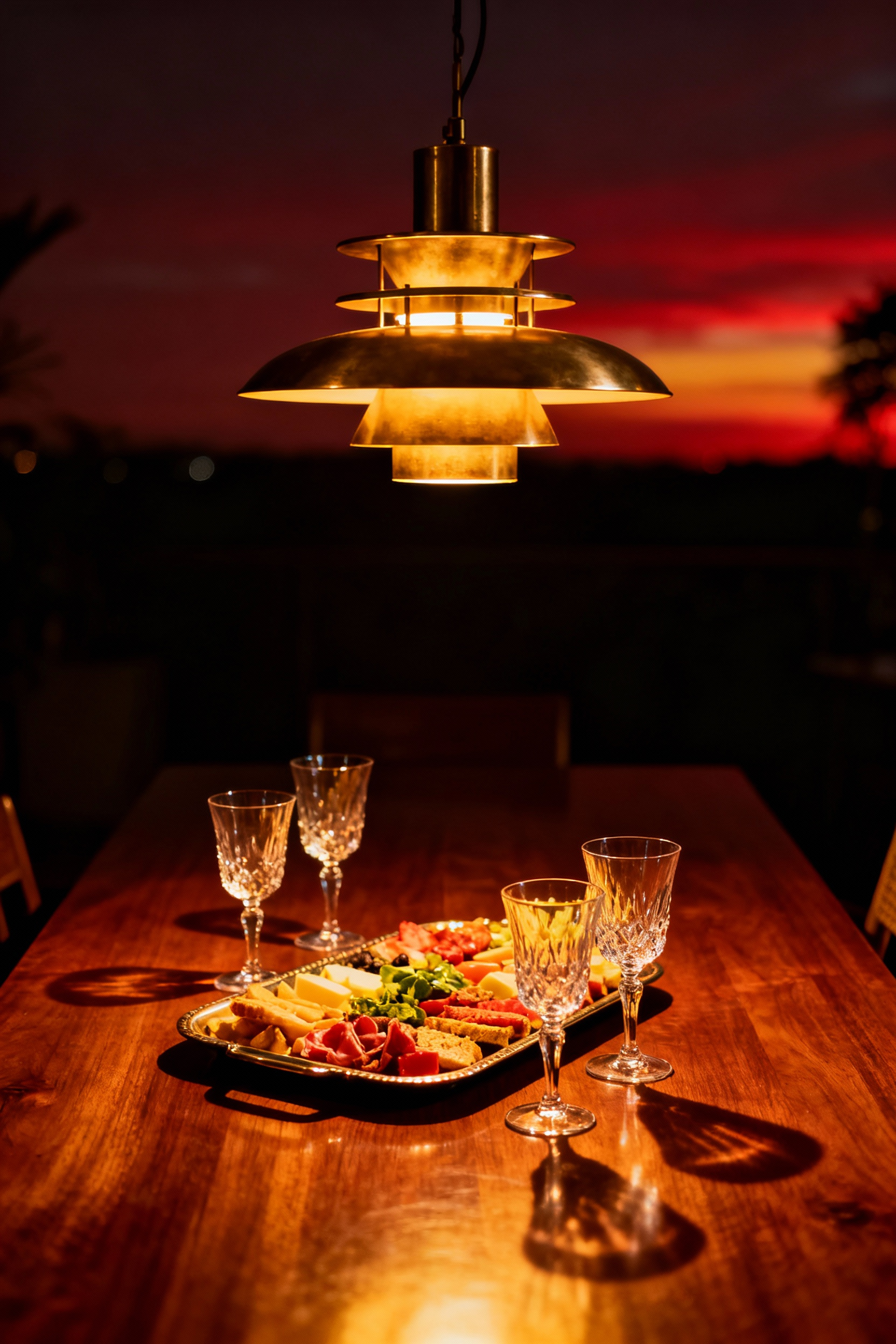 A photograph of a luxurious dining room featuring a brass chandelier that casts a profound 2700K golden light over a set table, creating an intimate evening ambiance.