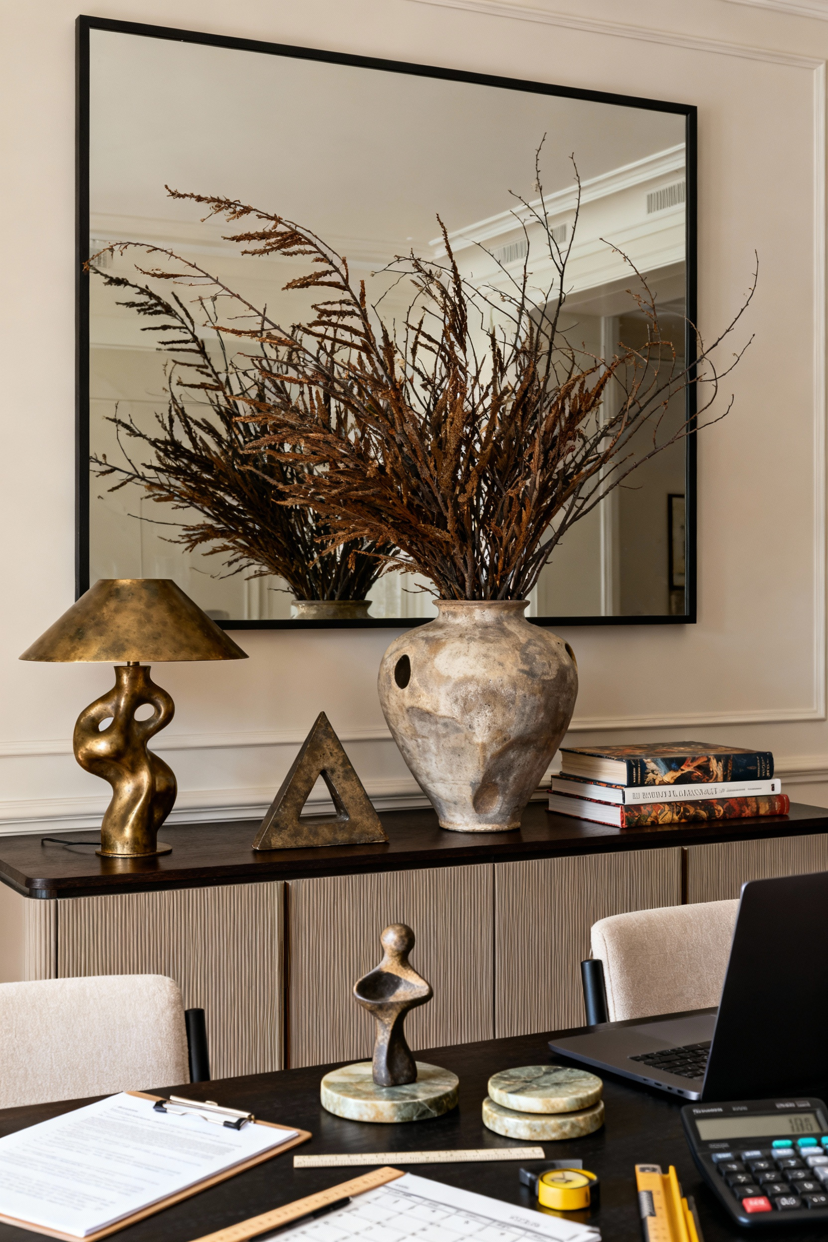 Elegant dining room sideboard featuring a sophisticated vignette with a large ceramic vase, sculptural lamp, stack of art books, and decorative objects, styled as an evocative storyboard.