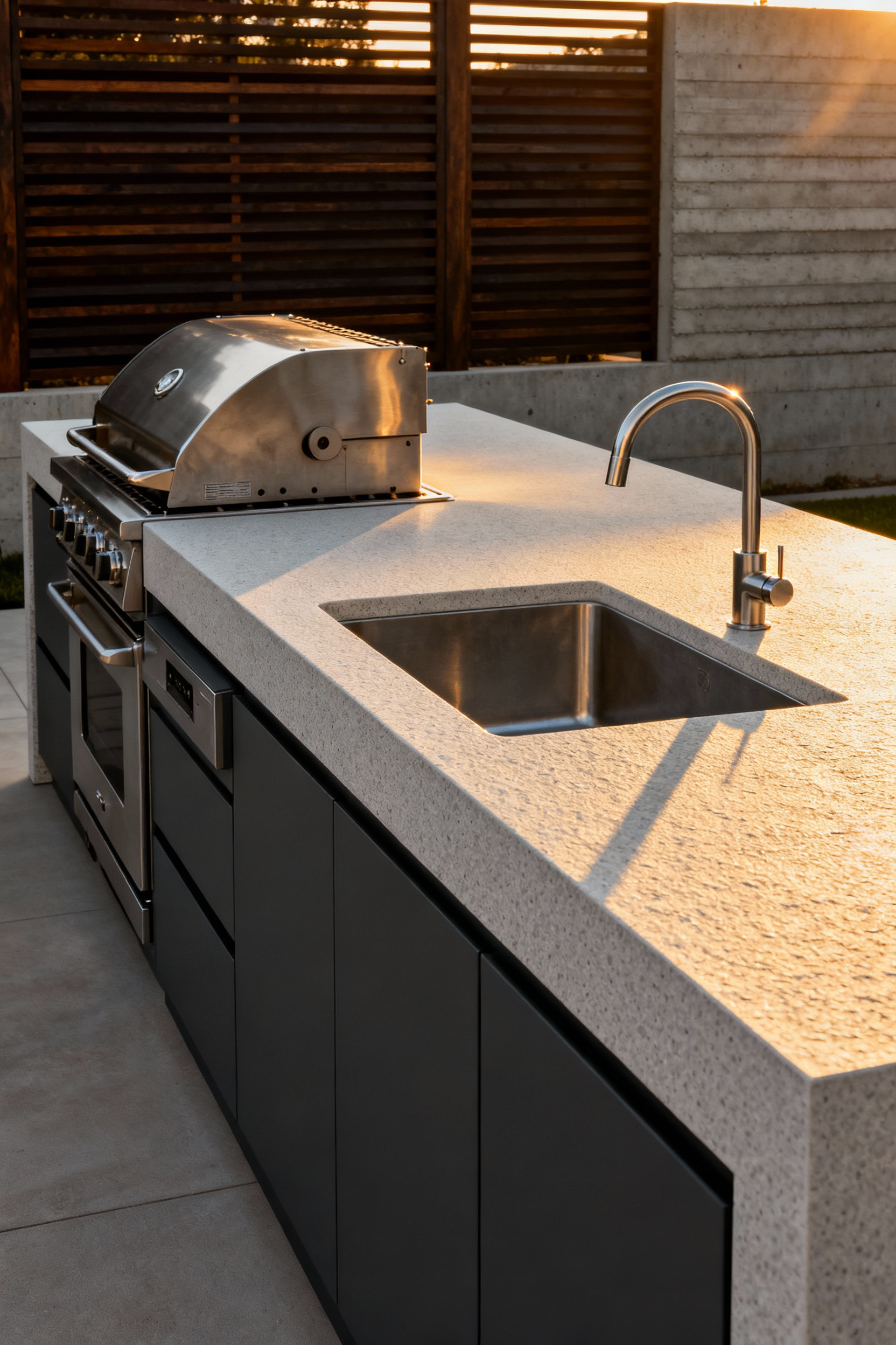 A wide-angle view of a contemporary outdoor kitchen featuring light gray sintered stone countertops over matte black cabinetry, emphasizing durable, UV-resistant material selection for lasting integrity.