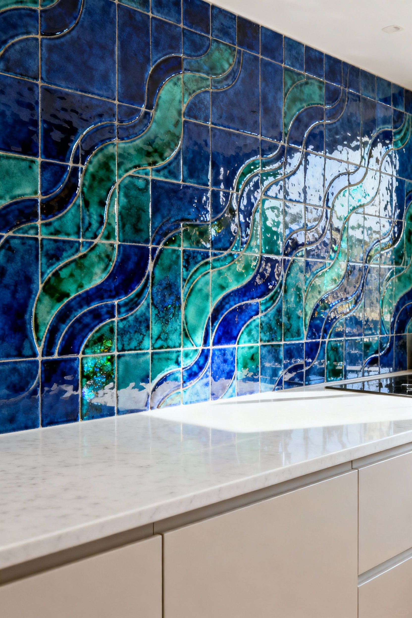 Professional kitchen photo showcasing an expansive backsplash with dynamic deep blue and emerald green ceramic tiles, influencing kitchen mood and spatial perception. The backsplash is a focal point against light cabinetry and white countertops, illuminated by natural light.