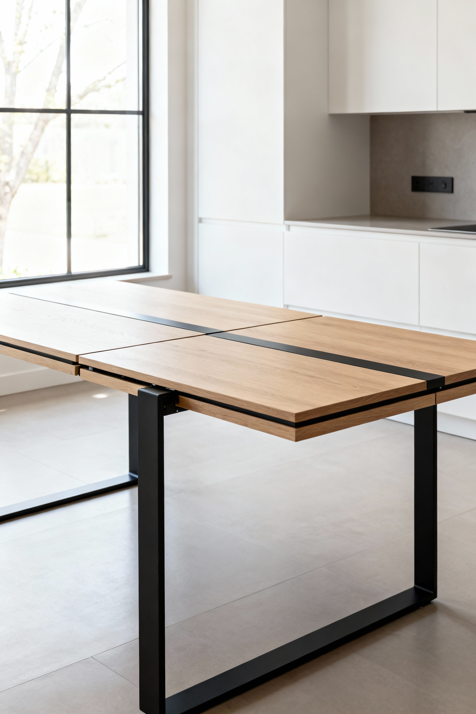 A modern extendable kitchen table, sleek and adaptable, ready for both intimate dinners and larger social gatherings in a bright, contemporary kitchen setting.
