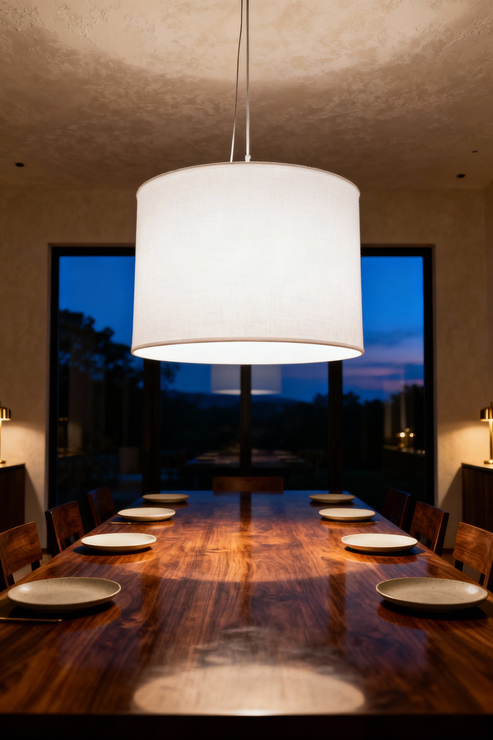 A photograph showing a fabric drum pendant light fixture hanging over a large wood dining table, illustrating how the bottom diffuser creates soft, glare-free lighting for comfortable dining.