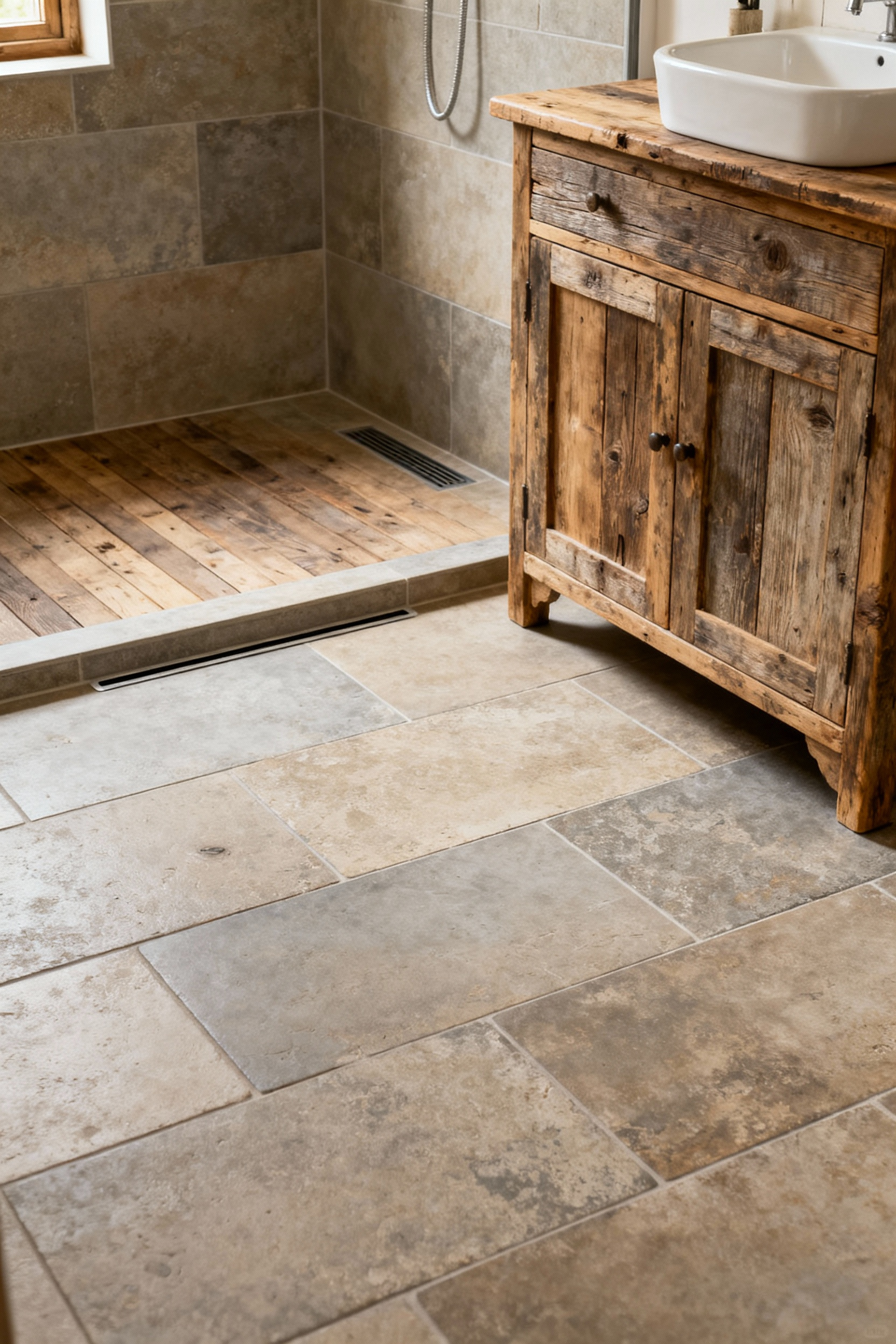 Farmhouse bathroom featuring seamless, matte-finish non-slip porcelain tiles mimicking aged wood, extending into a curbless shower. The design prioritizes safety with elegant visual cohesion.