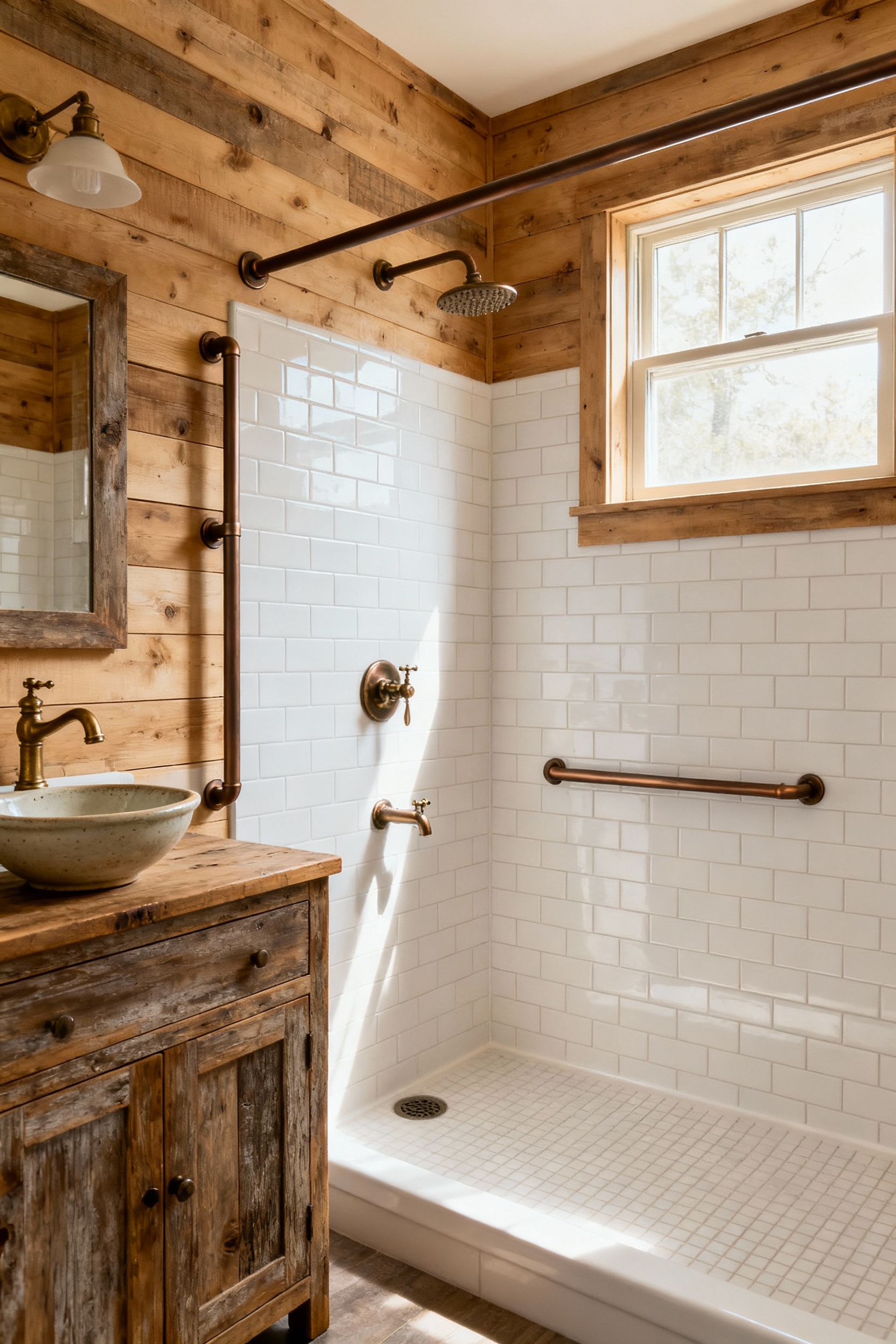 Farmhouse bathroom with integrated oil-rubbed bronze grab bars, shiplap walls, subway tile shower, and a rustic vanity, designed for universal access.