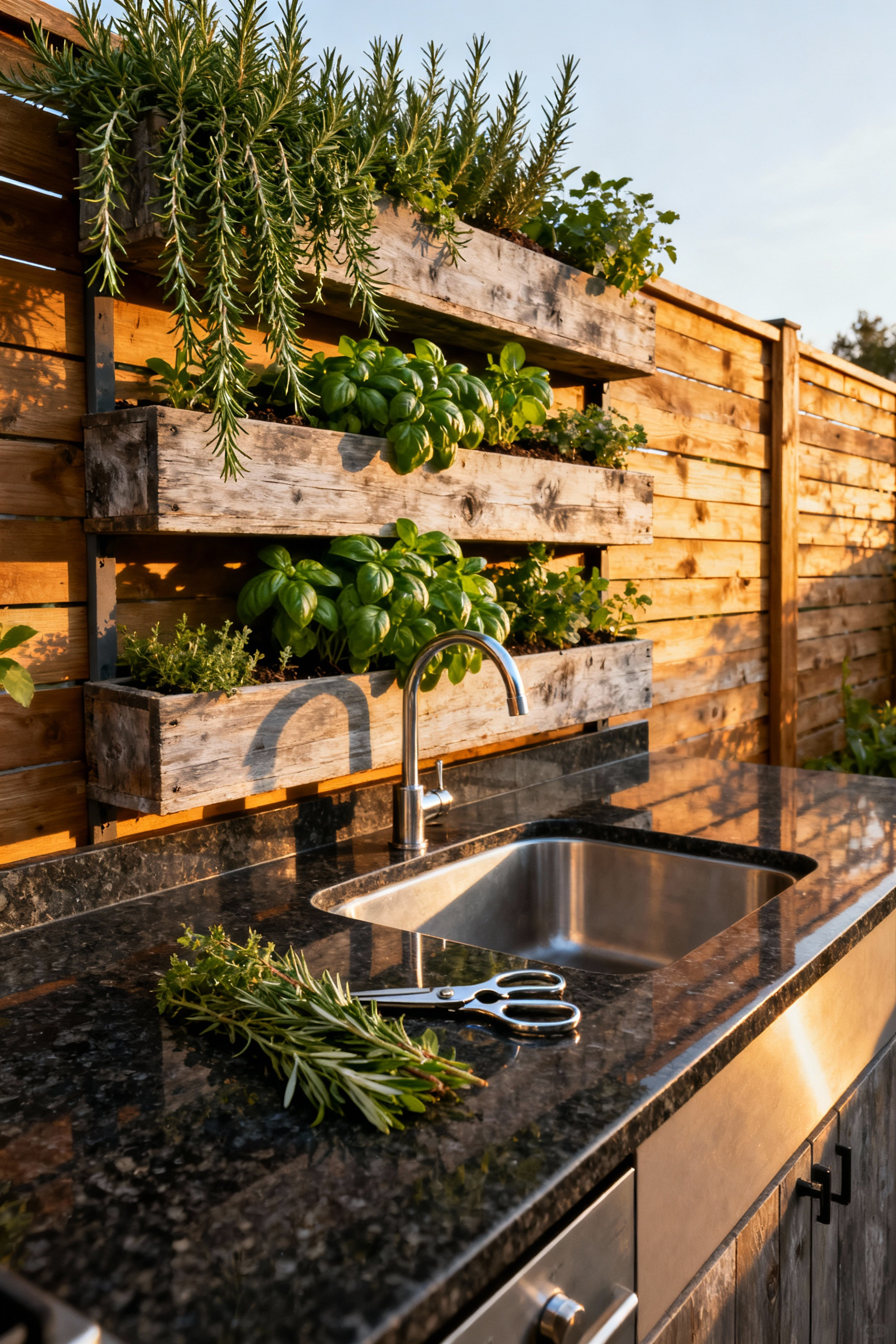 A photograph of an elegant outdoor kitchen prep counter featuring a tiered vertical garden filled with functional, pest-repelling herbs like Rosemary and Basil, positioned directly behind the workspace for easy snipping.
