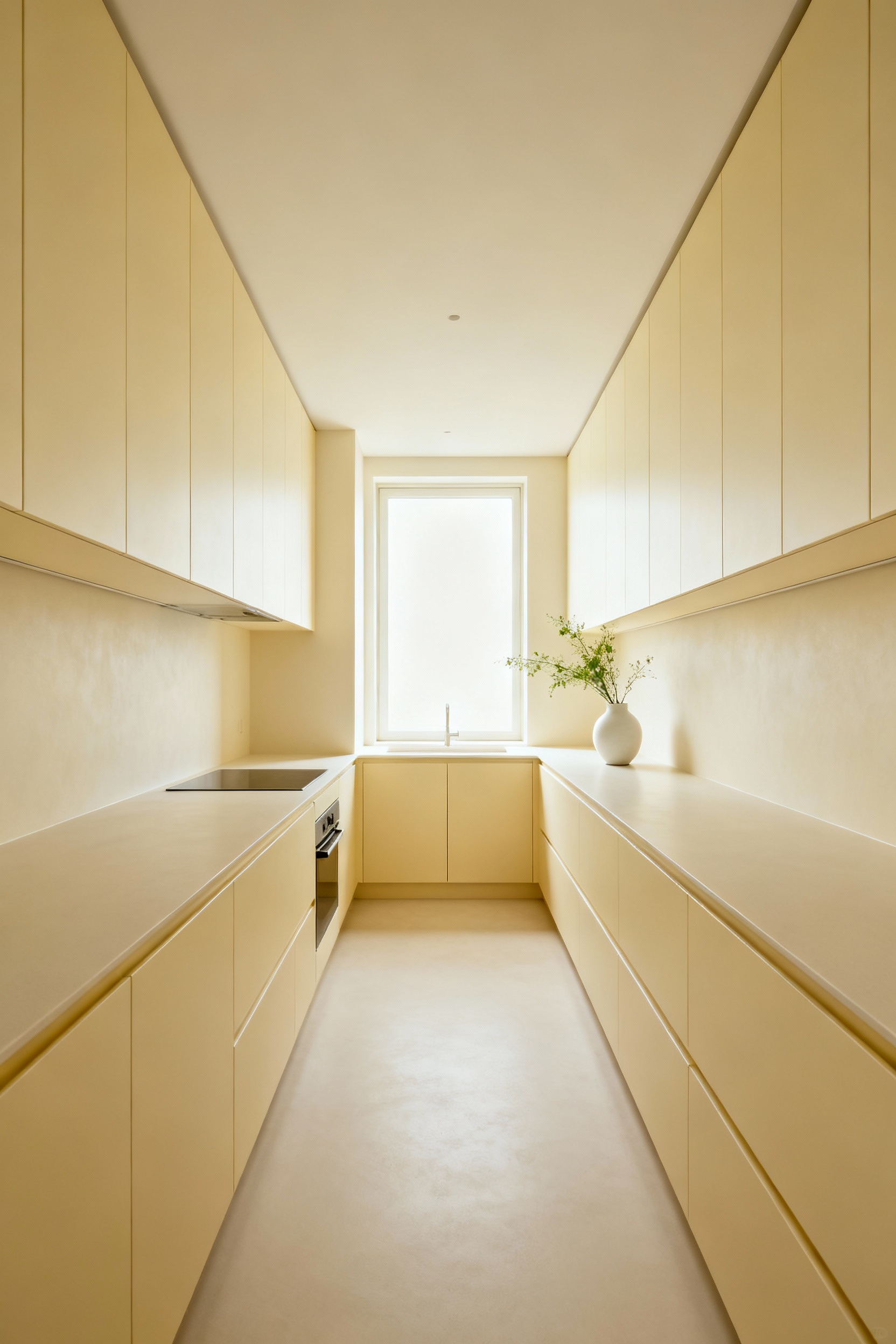 A small, minimalist galley kitchen where the walls, trim, and integrated cabinets are all painted the identical buttery pale gray color, creating a continuous, seamless look that visually expands the room's size.