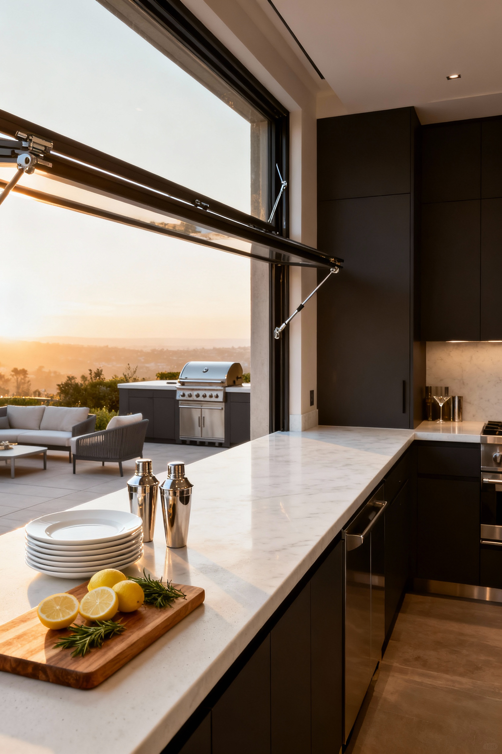 Fully opened gas strut pass-through window showcasing a seamless white quartz countertop extension that bridges a modern indoor kitchen prep zone with an upscale outdoor serving and dining patio.