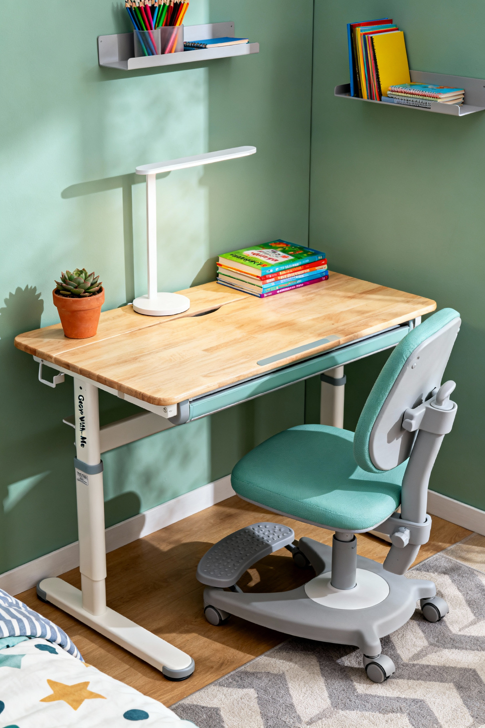 A bright photograph of an adjustable ergonomic 'Grow-With-Me' workstation for kids, featuring a height-adjustable wooden desk, a teal ergonomic chair, and a visible footrest in a modern children's bedroom study nook.