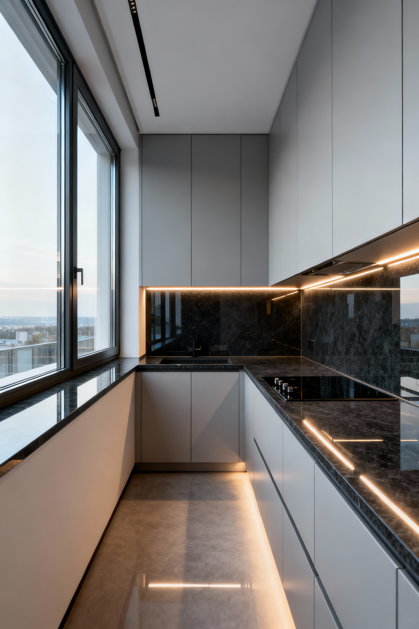 High-gloss, handleless pale gray lacquer cabinets in a modern small kitchen reflecting ambient natural light to visually expand the tight space.