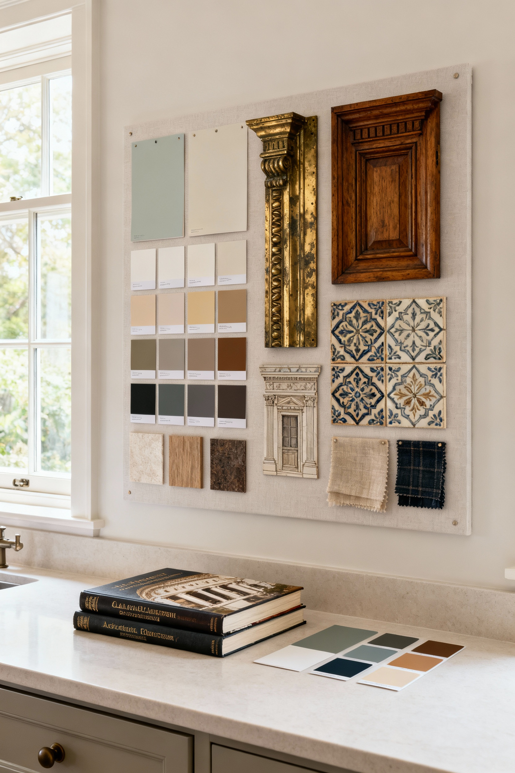 A curated design board in a sophisticated kitchen, showcasing paint swatches and material samples chosen for a historically sympathetic color palette, reflecting architectural deconstruction and period accuracy.