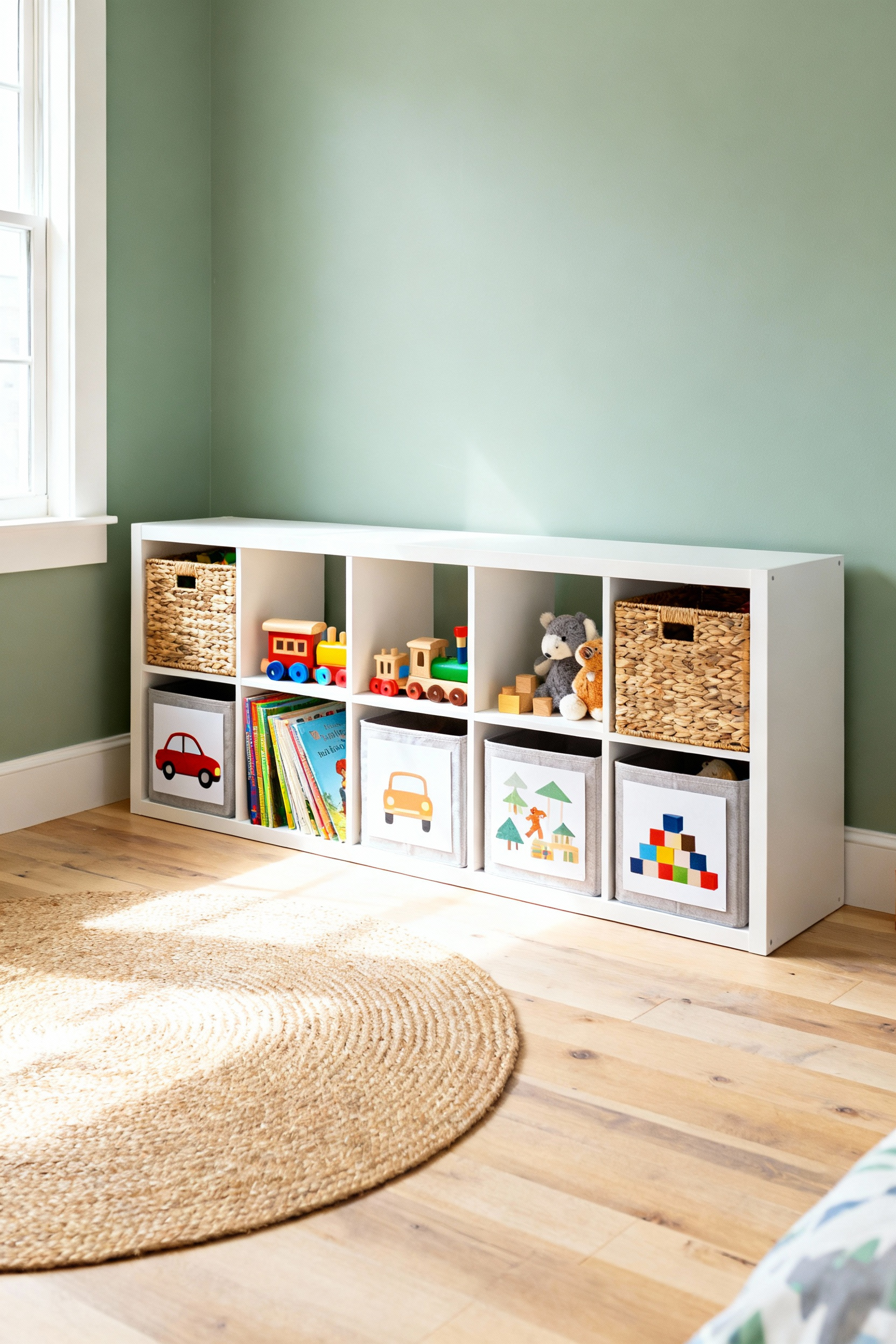 A photograph of a bright child's bedroom featuring a white, low-level cubby storage system organized with picture-labeled bins for independent toy cleanup.