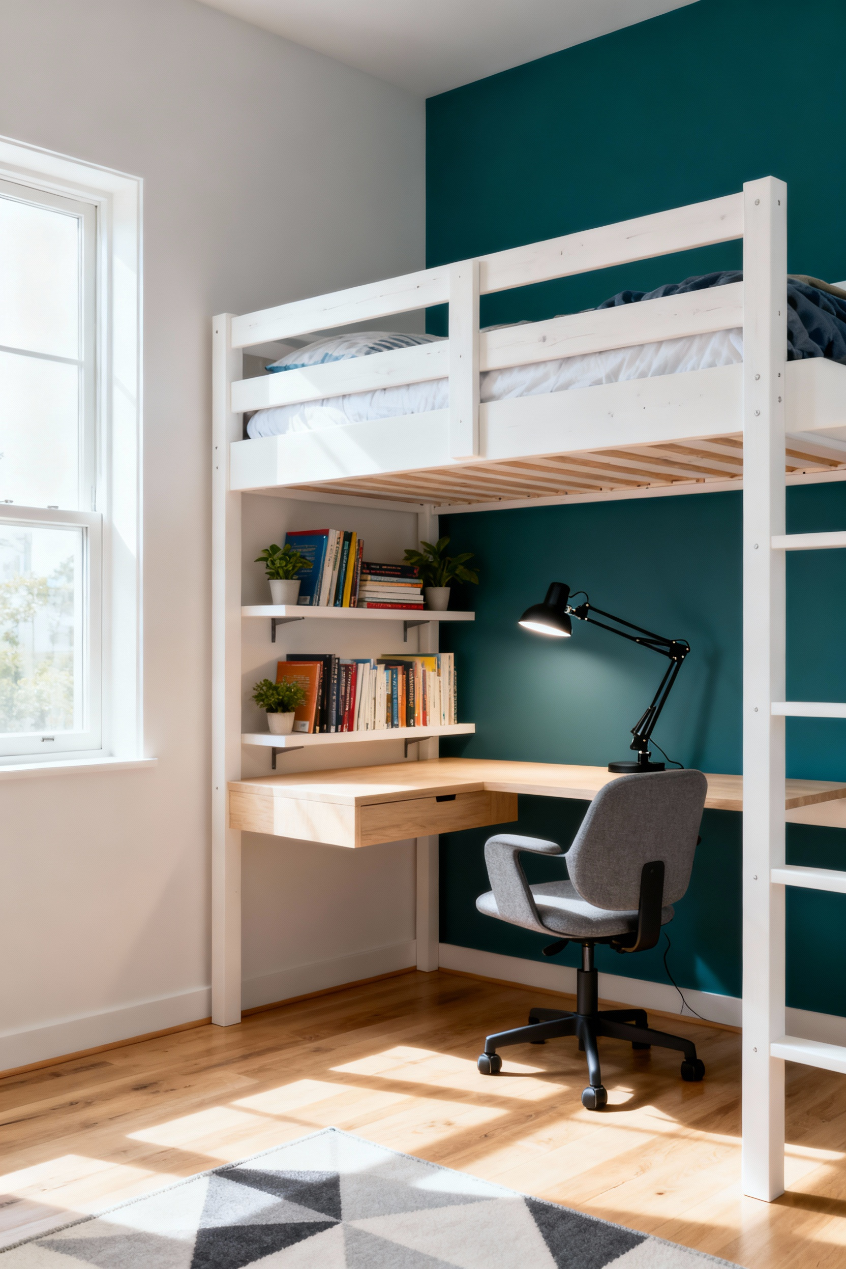 A photograph of a bright, modern teenager's bedroom featuring a white high loft bed with a dedicated study nook and floating desk underneath, maximizing vertical space.