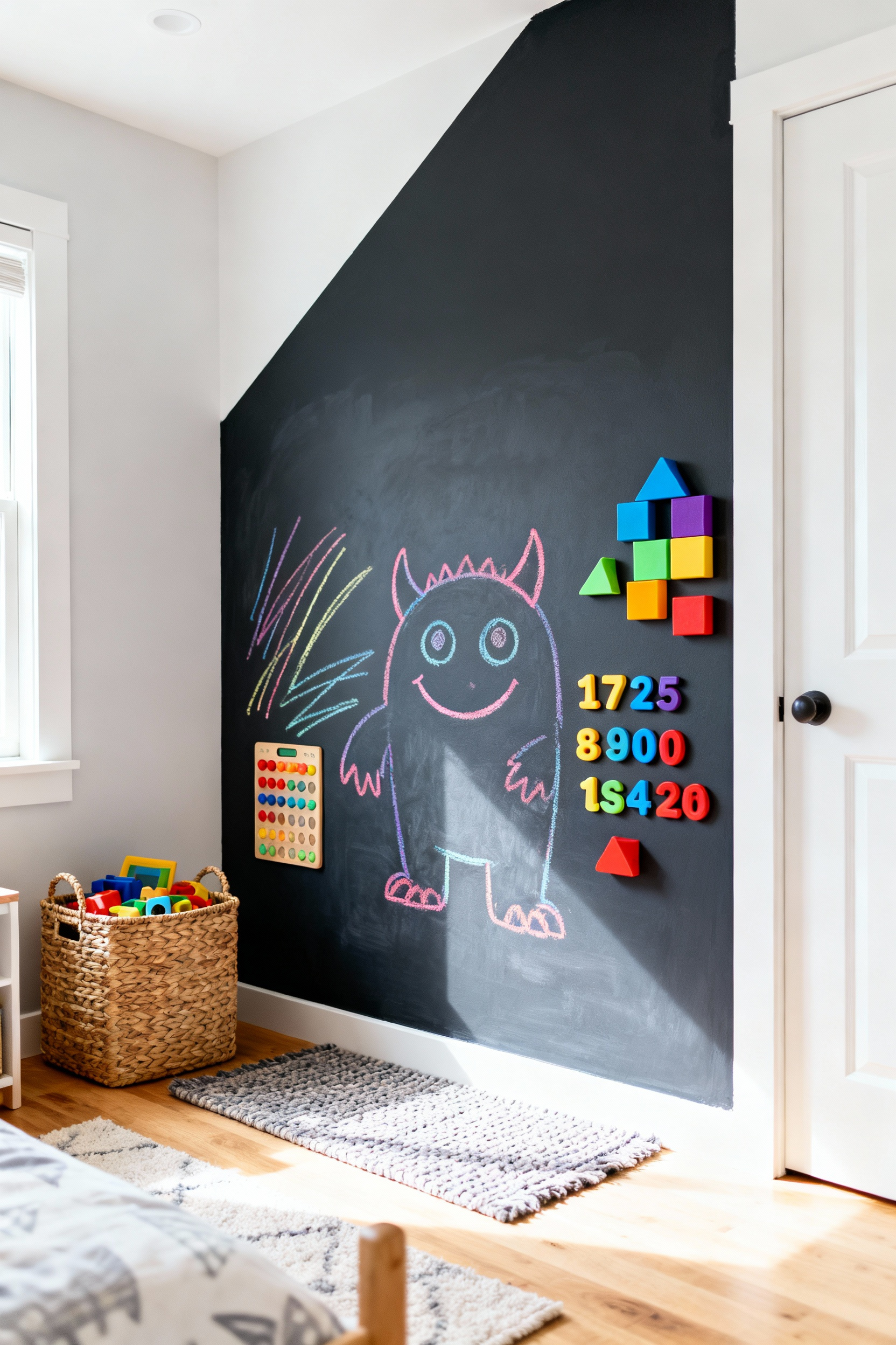 A photograph of a kid's bedroom wall featuring a matte black chalkboard and magnetic zone, covered with colorful chalk drawings, magnetic letters, and building blocks, demonstrating an interactive learning area.