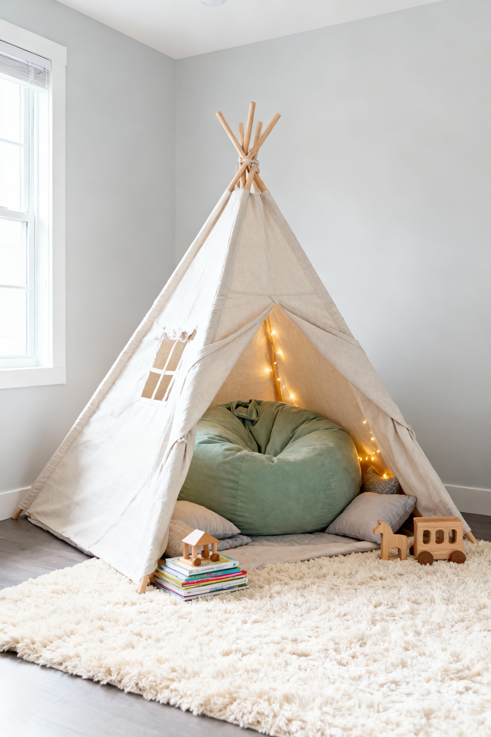 A cozy self-regulation retreat corner in a modern child's bedroom featuring a large canvas teepee, soft floor cushions, and a beanbag chair under diffused daylight.