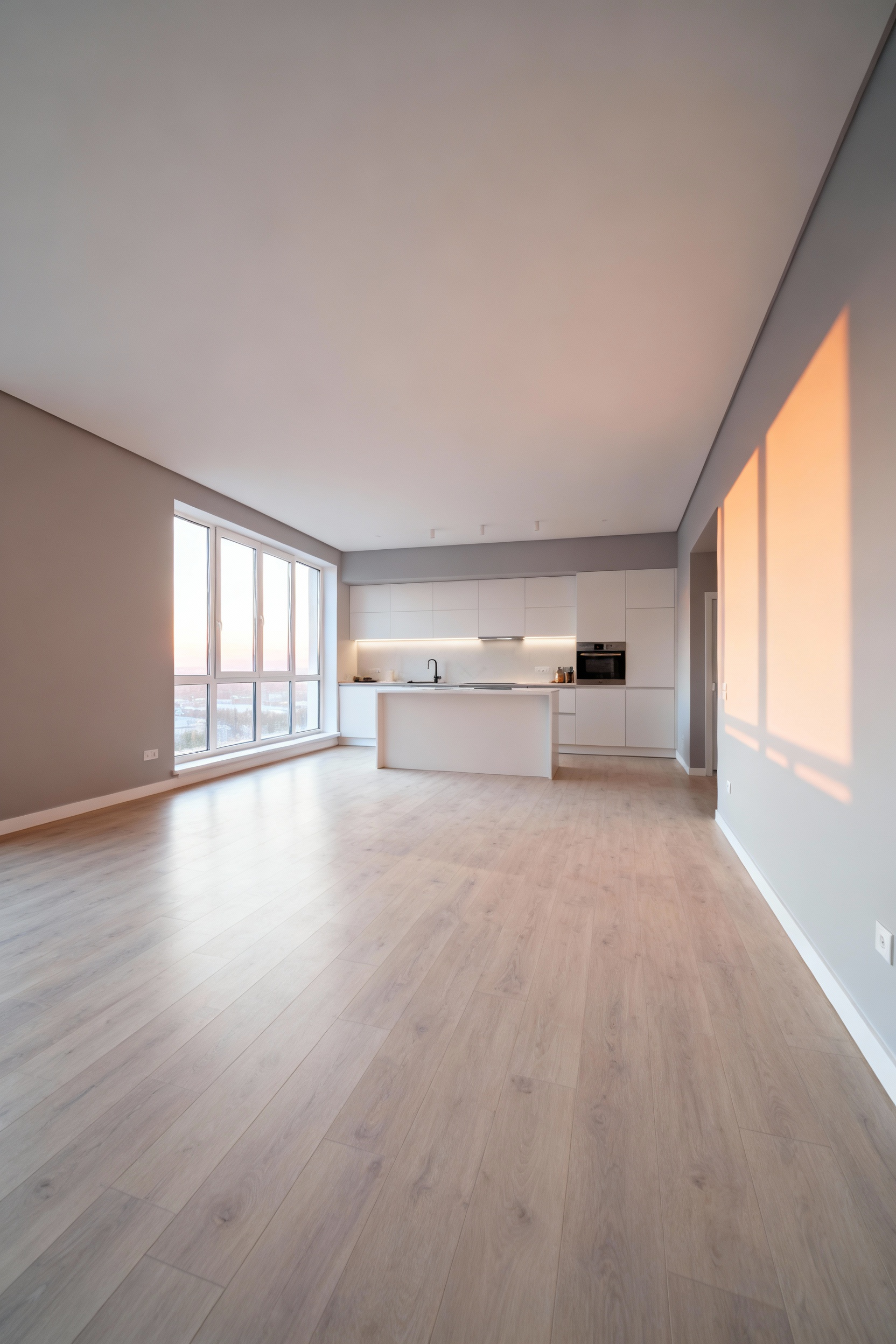 An elegant, modern kitchen interior featuring seamless visual continuity with light wooden floors transitioning into warm grey walls, enhancing spaciousness and tranquility. No people are present.