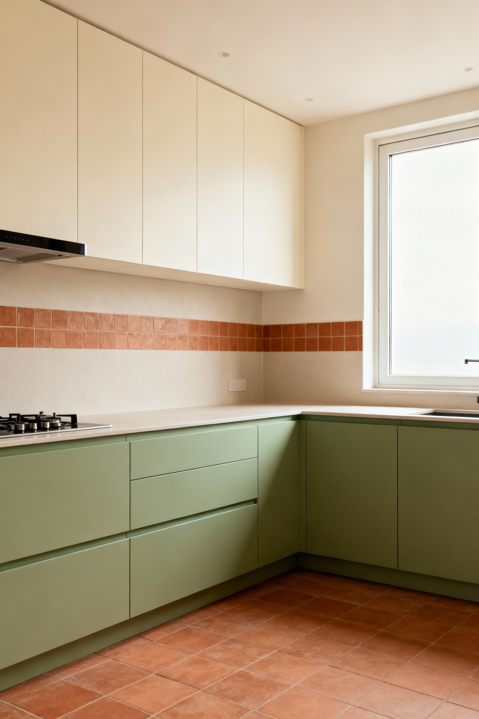 A beautifully tailored kitchen interior showcasing personalized kitchen color psychology with desaturated sage green lower cabinets, creamy off-white upper cabinets, and terracotta accents. The space is filled with natural light, creating an inviting and calming atmosphere for bespoke well-being and culinary focus.