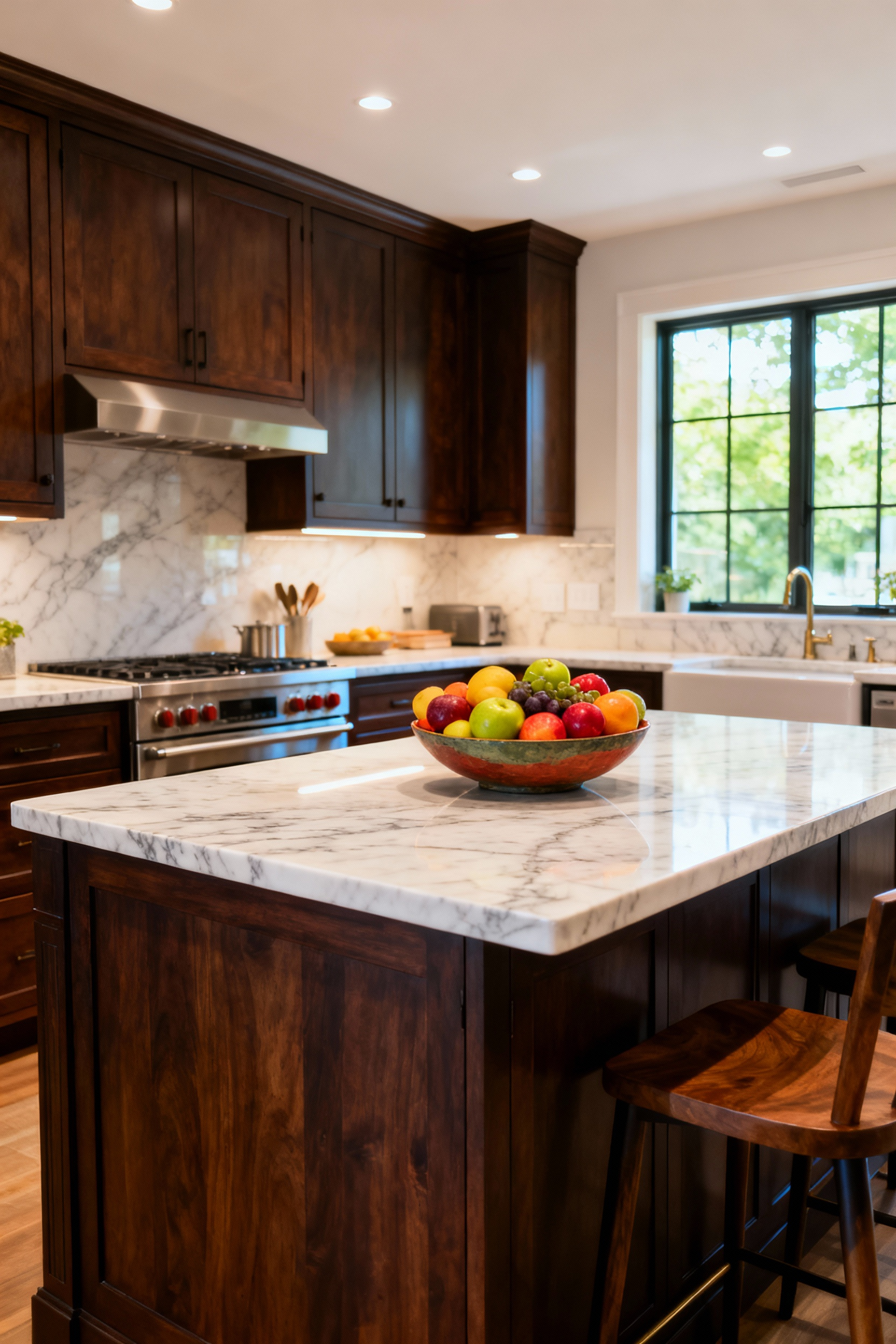 Modern kitchen with chromatically balanced full-spectrum lighting, showcasing vibrant, accurate colors of cabinets, countertops, and fresh produce. High CRI illumination.