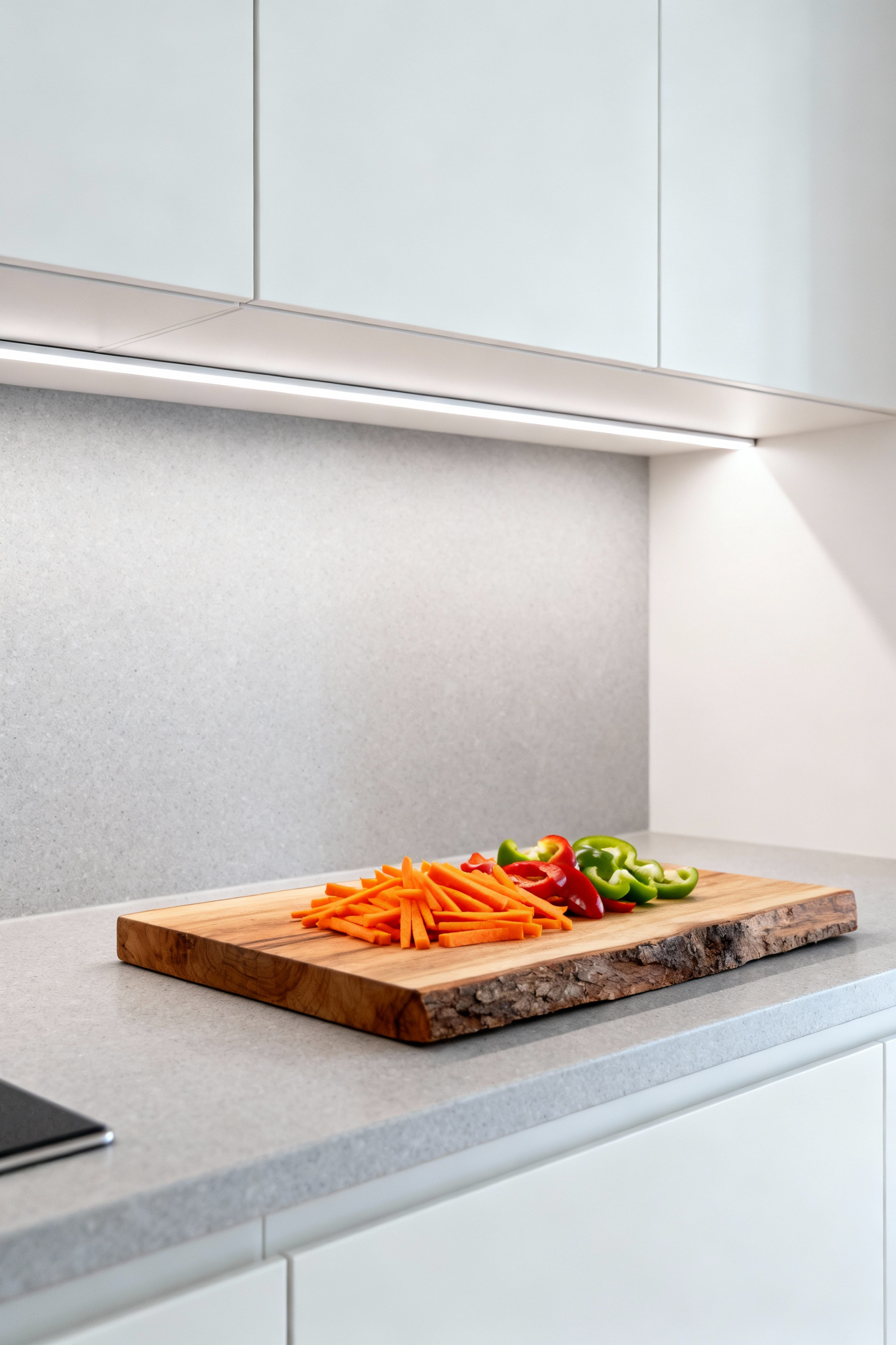 Concealed LED strip lighting installed at the front edge of upper cabinets brightly illuminates a modern small kitchen counter, eliminating prep shadows.