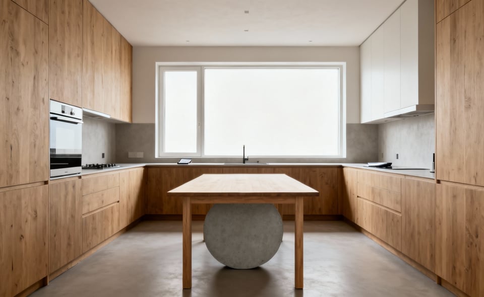A modern kitchen interior featuring a perfectly sized dining table, allowing ample space for movement and clear pathways. The kitchen has contemporary design elements, natural light, and a spacious, uncluttered feel.