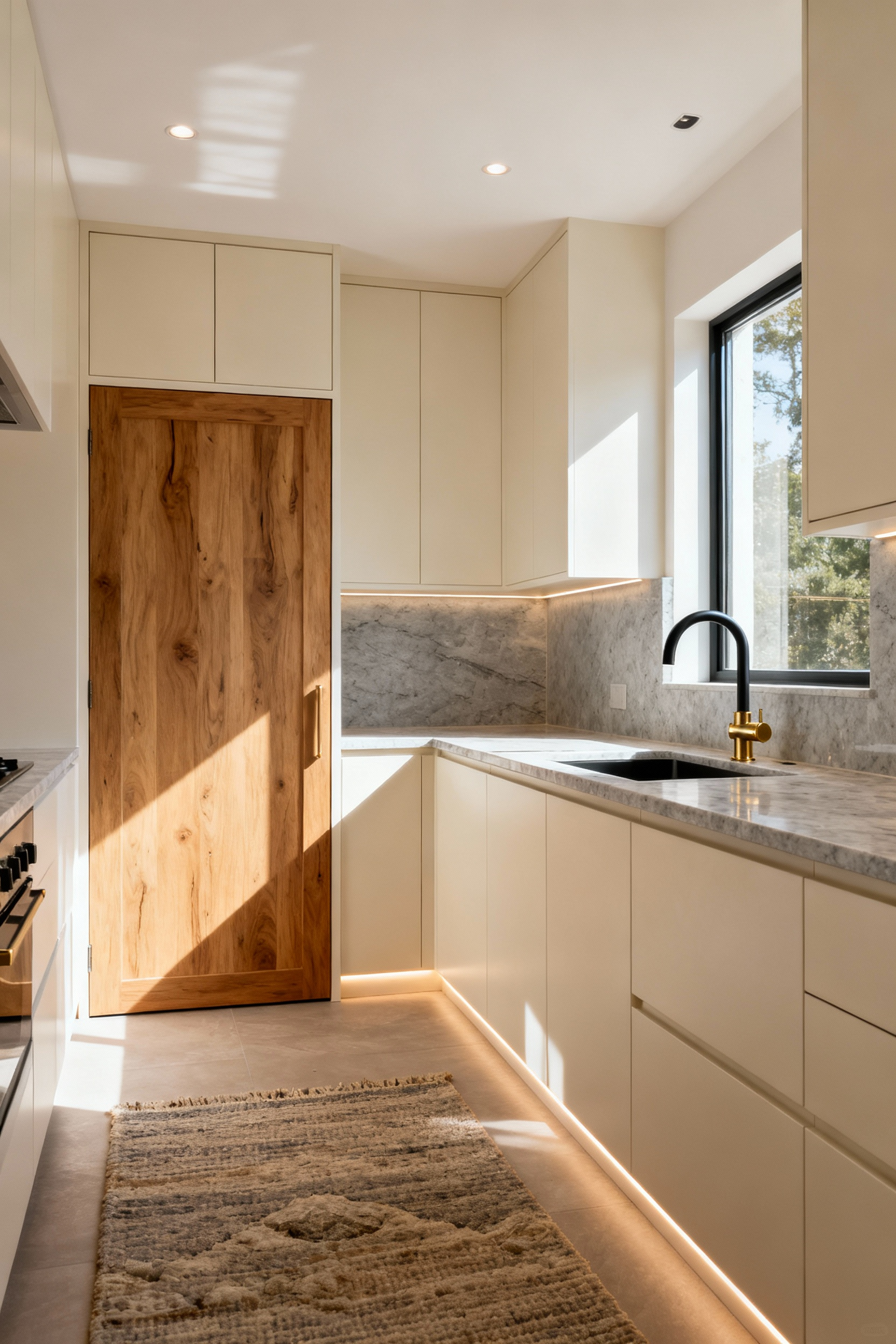 A professional photo of a modern kitchen interior demonstrating prevention of visual monotony. Features layered neutral colors, varied textures from creamy cabinets, light grey stone, and natural wood accents, with strategic lighting enhancing depth. A clear example of dynamic and harmonious kitchen design.