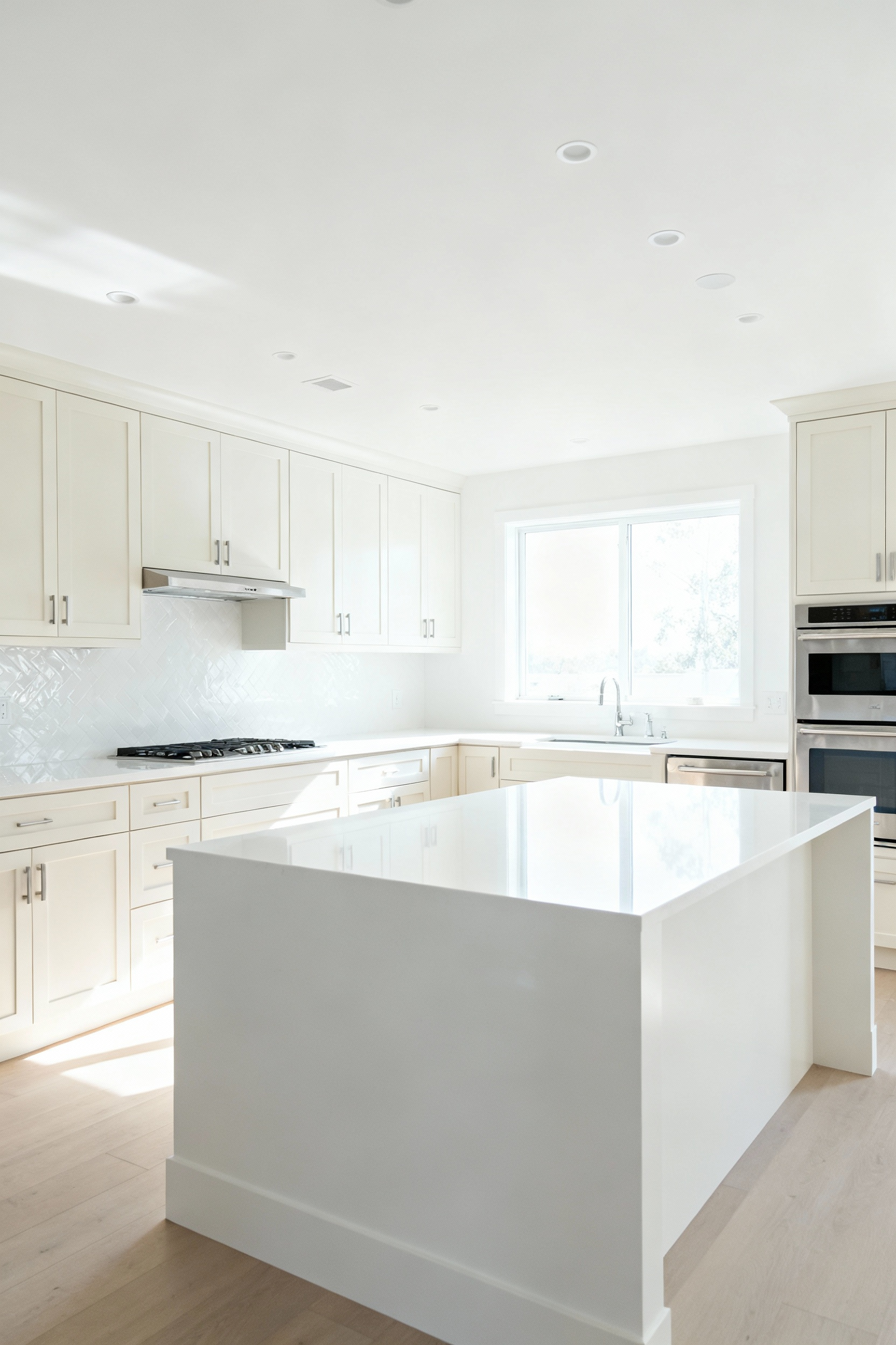Bright and airy modern kitchen utilizing various white shades and reflective textures to create a highly spacious and open atmosphere. The kitchen features white matte walls, semi-gloss white cabinets, a white quartz island, and seamless stainless steel appliances under abundant natural light.