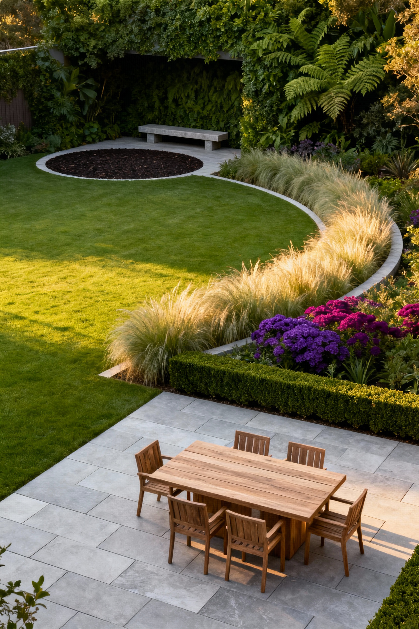 A beautifully designed open-concept lawn garden showcasing three distinct zones: a flagstone dining area, a lush reading nook framed by grasses, and a central lawn, demonstrating effective visual zoning in landscaping.
