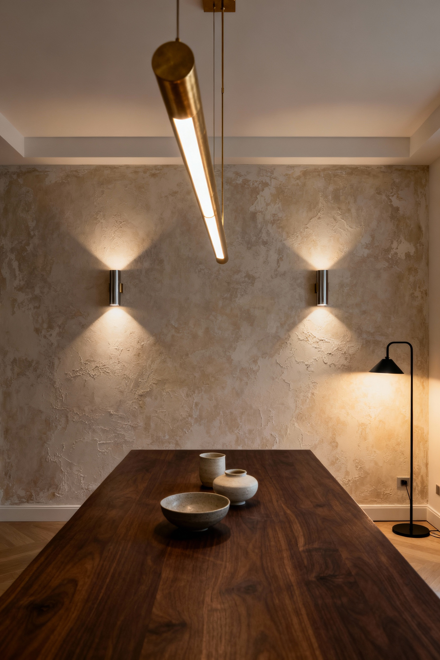 A contemporary dining room featuring three distinct layers of lighting including linear brass pendants, architectural wall sconces, and an ambient floor lamp, demonstrating sophisticated light zoning and depth.
