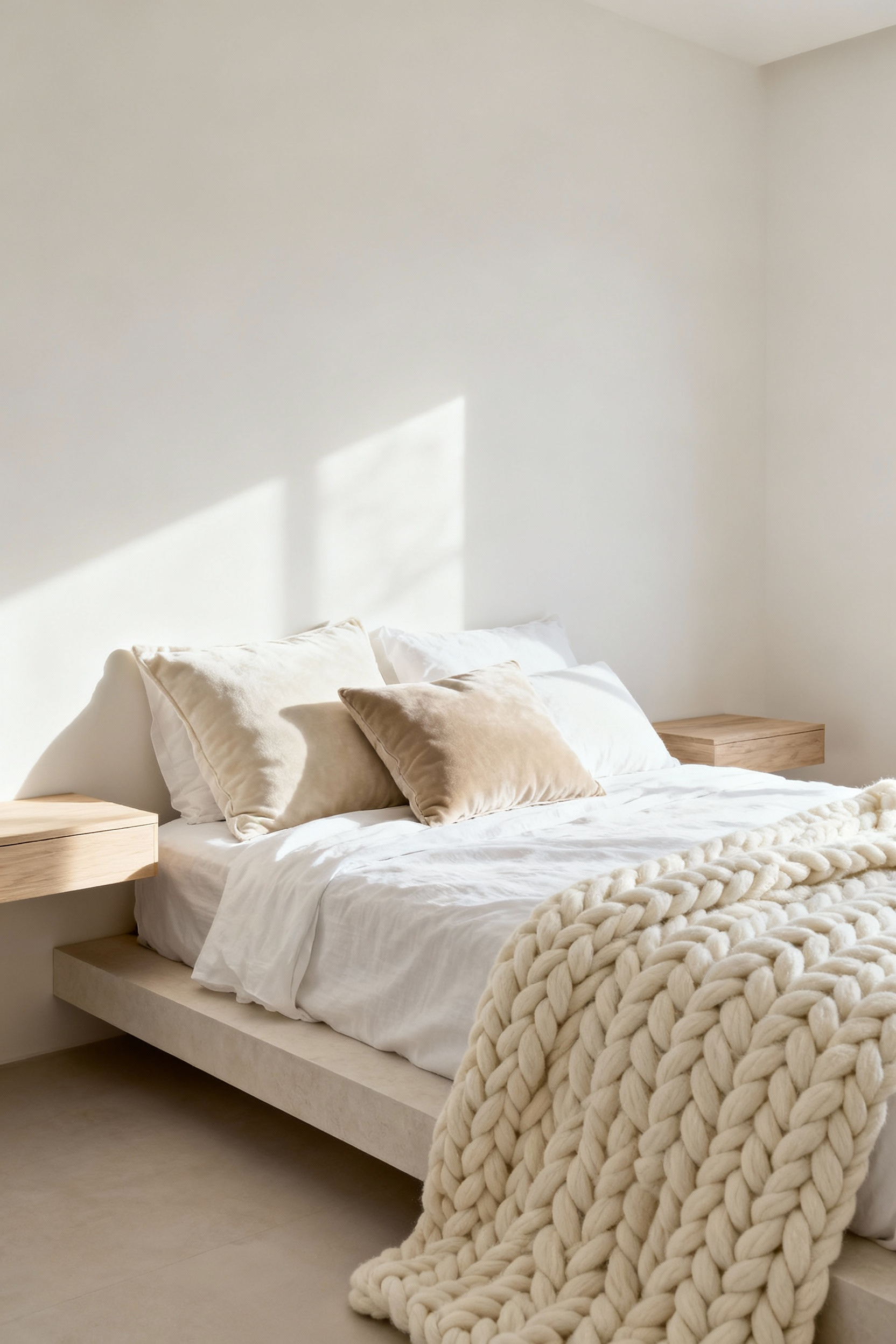 Full view of a serene bedroom decorated in layers of white, cream, and alabaster tones, showcasing visual depth and texture achieved by mixing subtly different neutral shades.