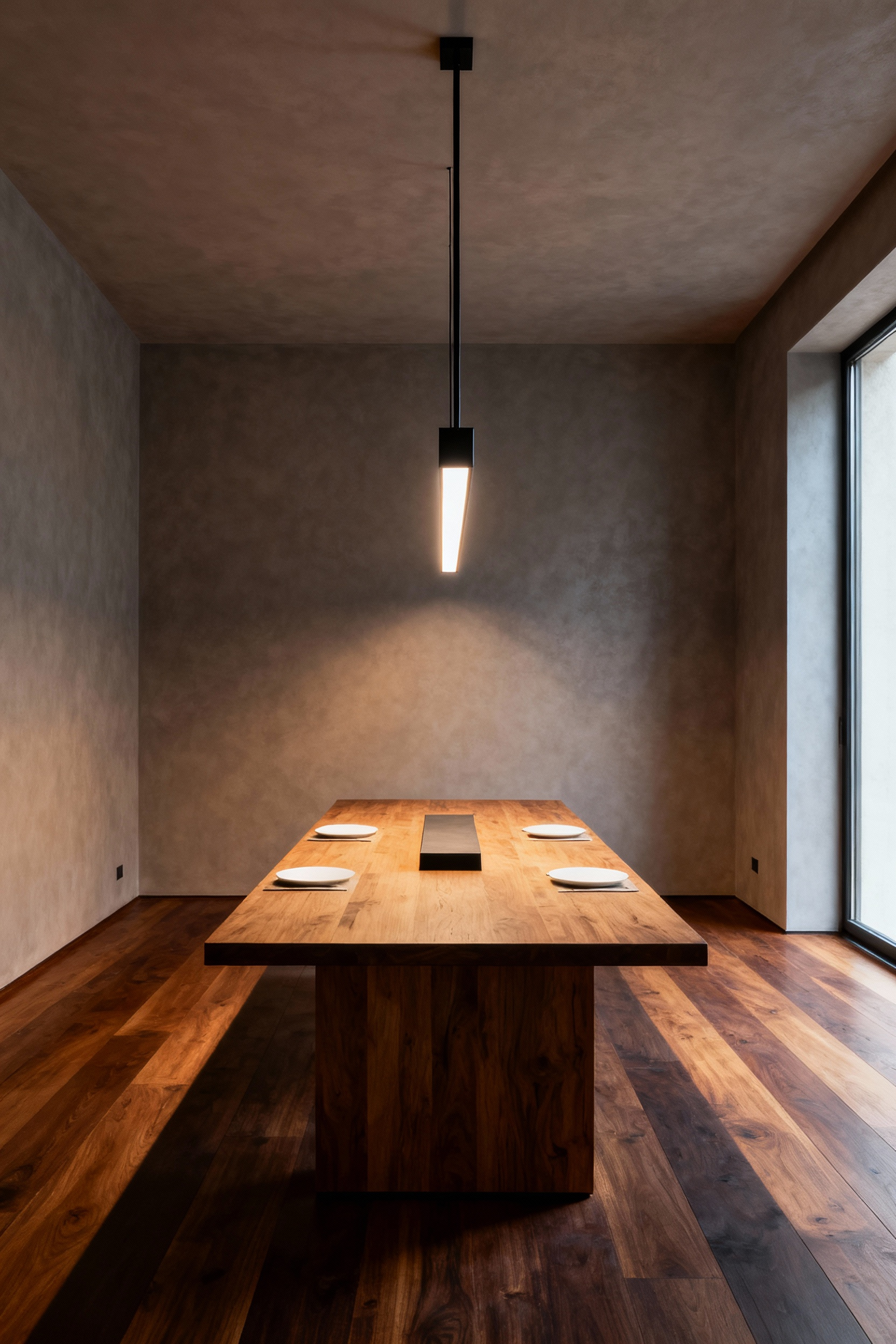 A sleek black linear suspension light fixture hangs centered over a long rectangular wood dining table in a modern dining room, demonstrating uniform and shadow-free task lighting.