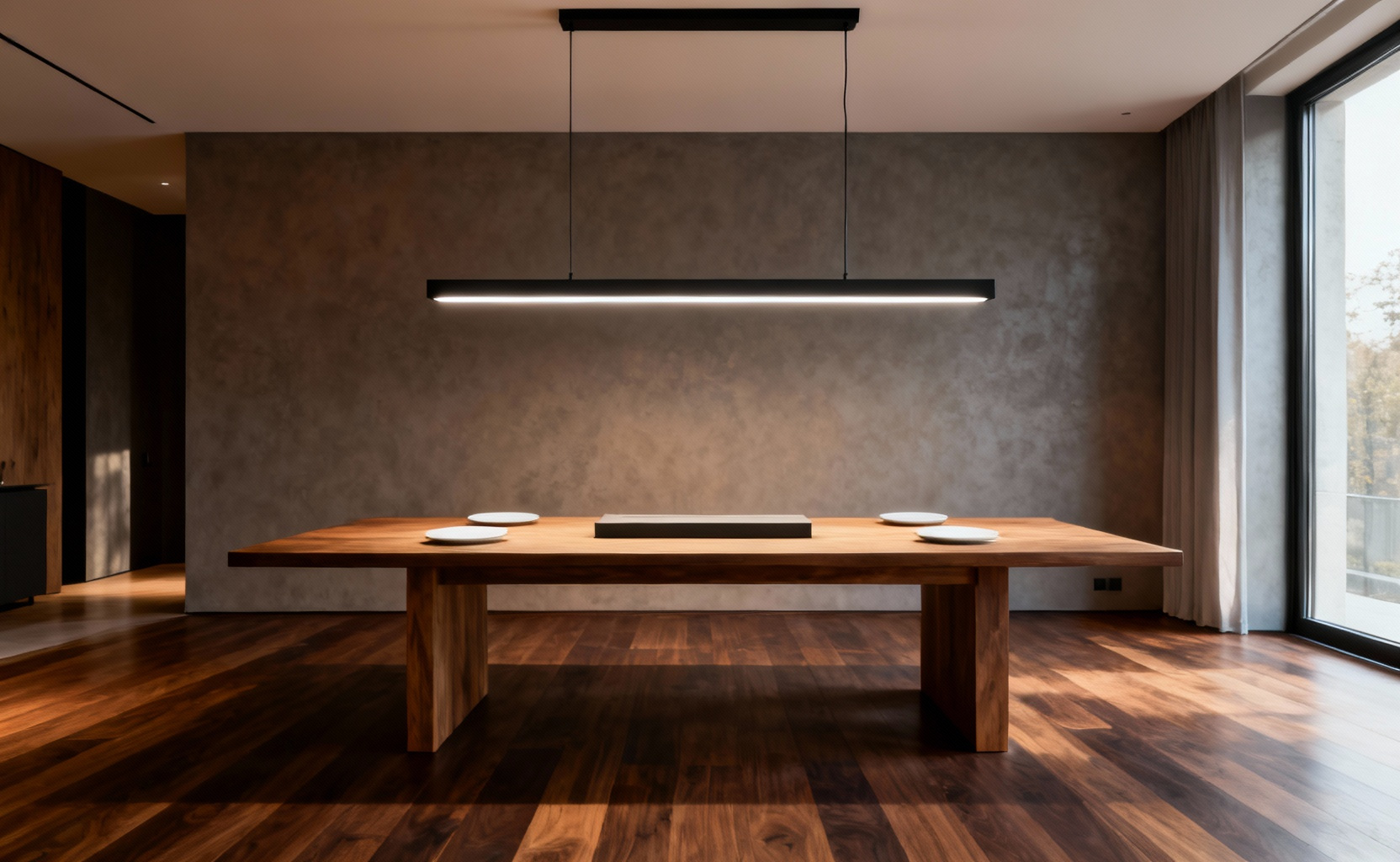 A sleek black linear suspension light fixture hangs centered over a long rectangular wood dining table in a modern dining room, demonstrating uniform and shadow-free task lighting.