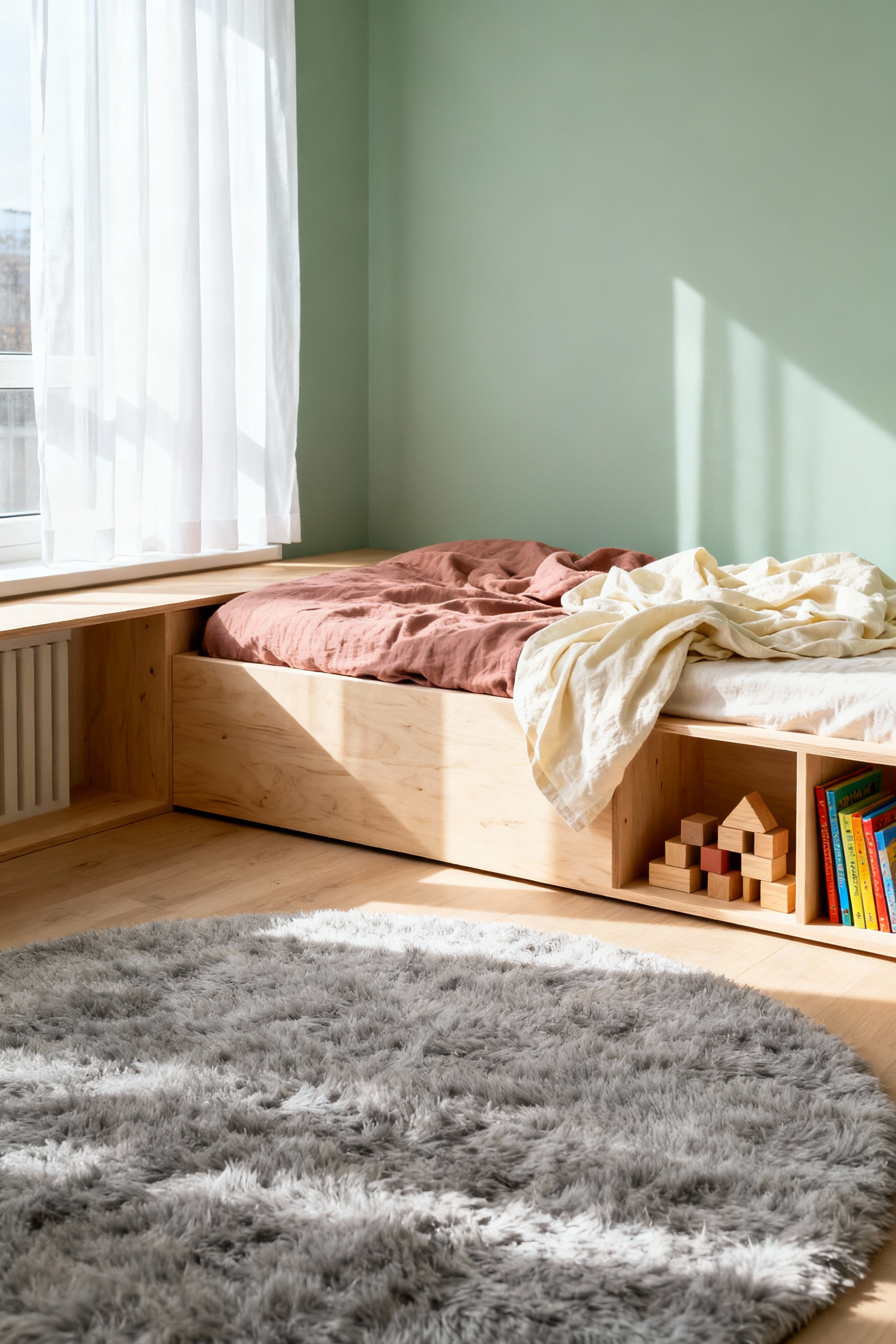 A minimalist child's bedroom featuring a low platform floor bed and accessible toy shelving, illustrating child independence and safety through low-profile furniture.