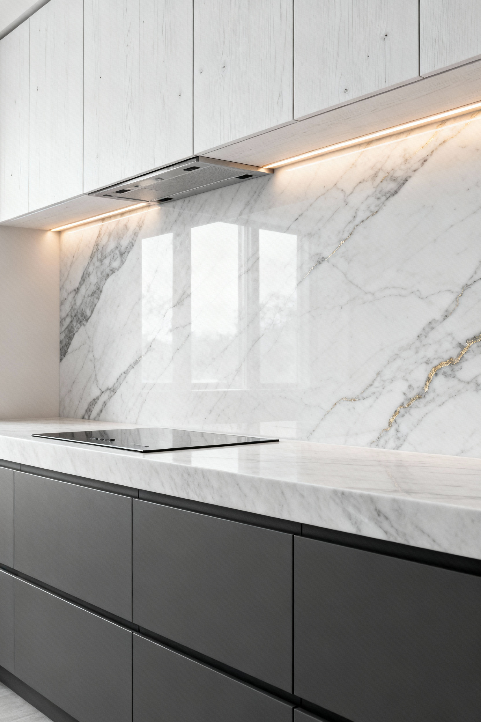 A modern luxury kitchen showcasing a full-height, seamless gray-veined white marble slab backsplash extending from the countertop to the ceiling, creating visual continuity.