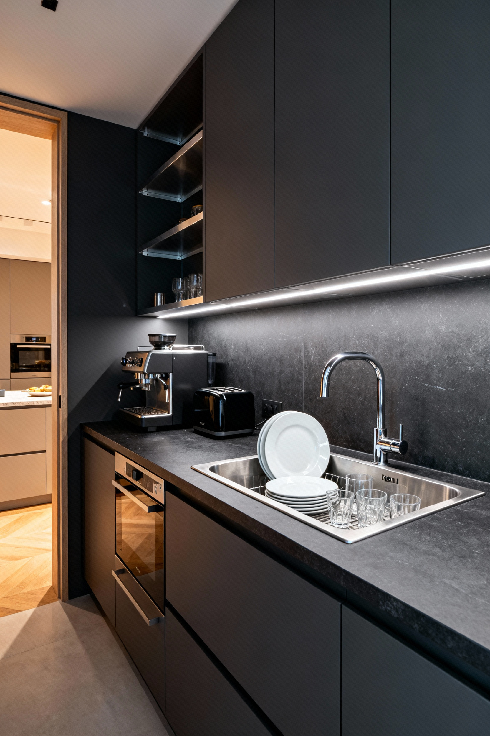 Contemporary luxury scullery kitchen with dark matte cabinets, quartz countertops, a large stainless steel sink, and dedicated space for a coffee maker and toaster, showcasing a concealed prep zone.