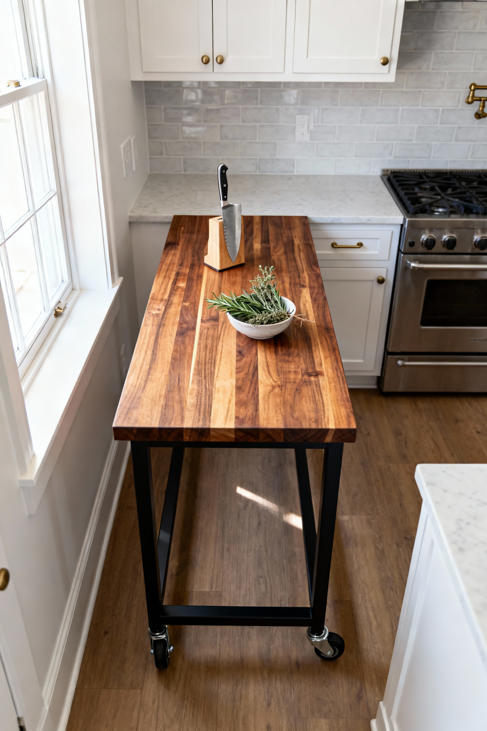 A photograph of a luxurious, narrow mobile butcher-block island with end-grain walnut topping, staged with a chef's knife in a small, modern kitchen with white shaker cabinets.