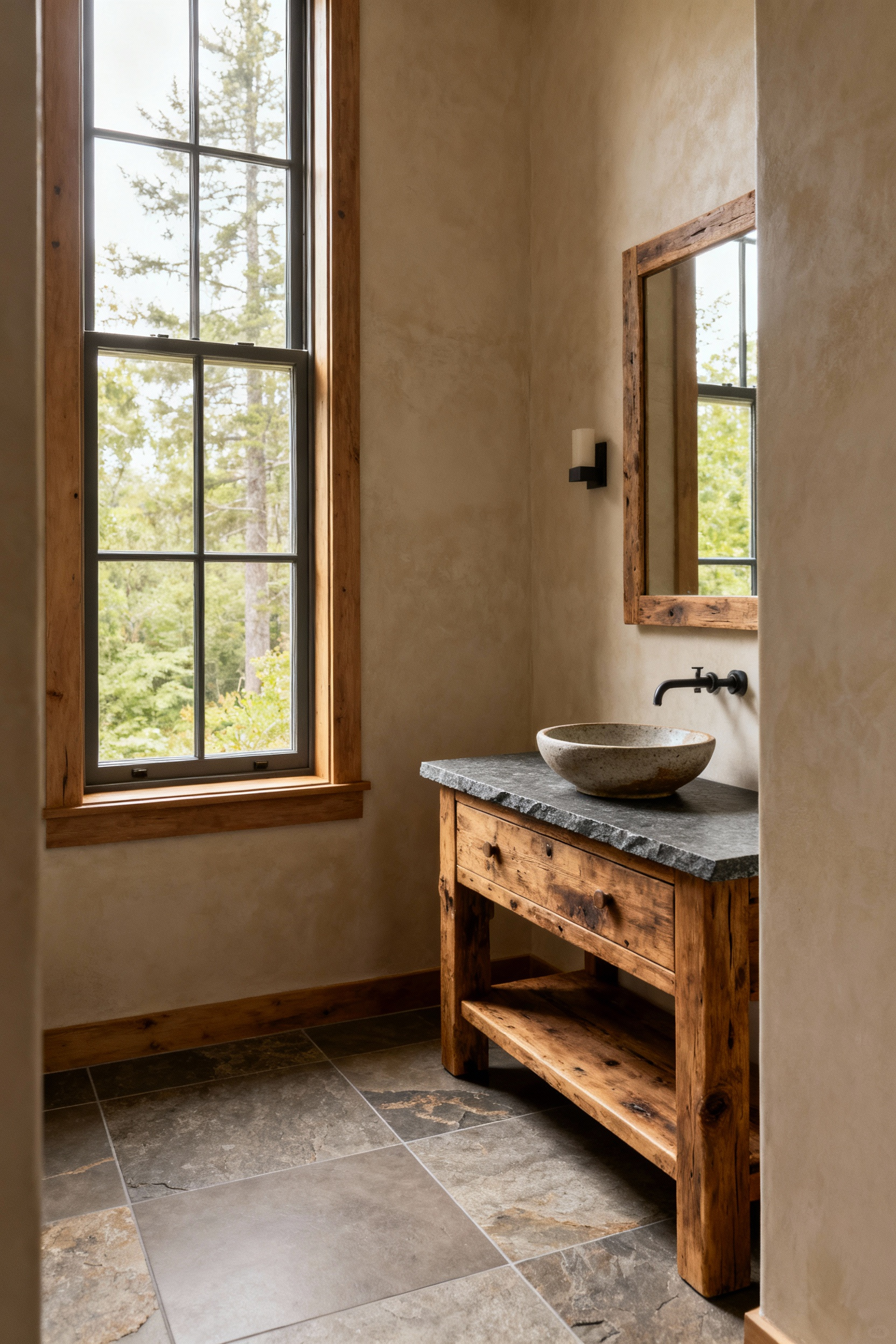 Farmhouse bathroom focusing on wellness with mindful material selection, low-VOC finishes, natural wood vanity, honed slate countertop, and large porcelain tiles for improved air quality.