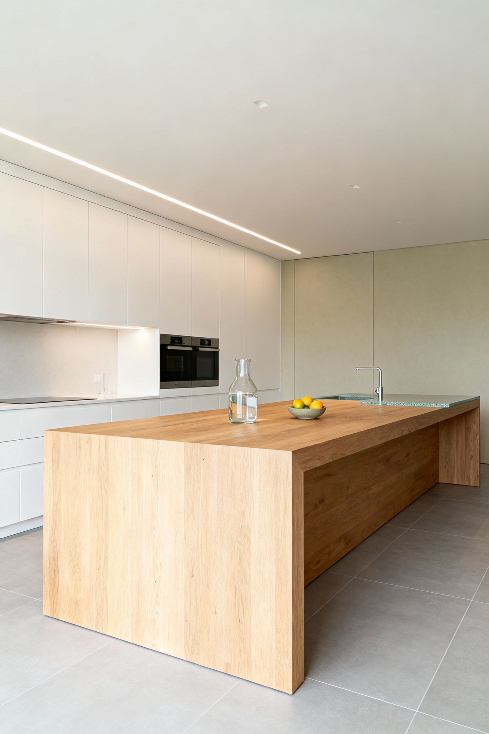 A photograph showing a pristine, minimalist modern kitchen featuring seamless white cabinetry, light wood accents, and sustainable, healthy materials, embodying eco-conscious luxury design.