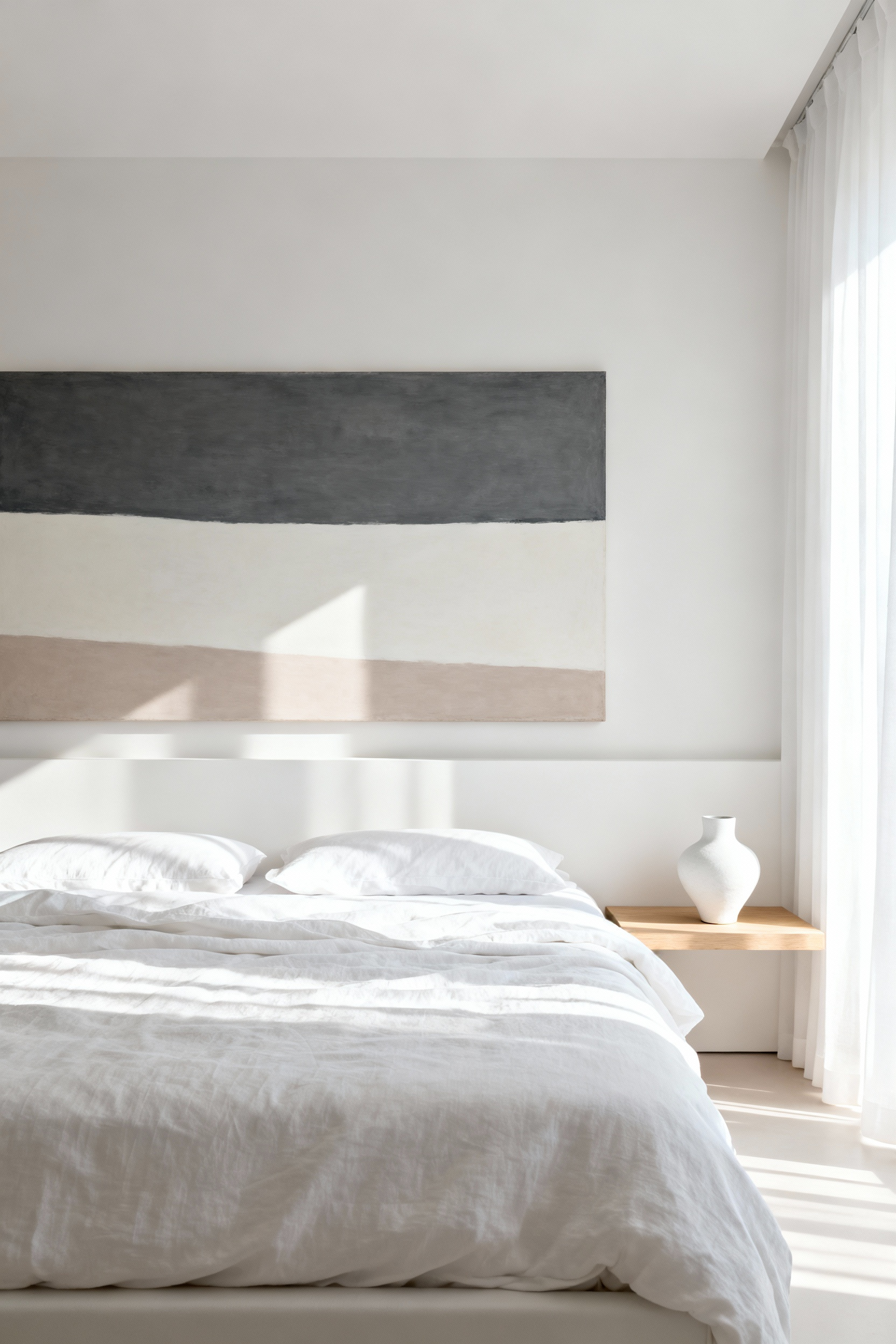A minimalist white bedroom emphasizing negative space, featuring a single, large abstract artwork centered above the bed against a pristine white wall.