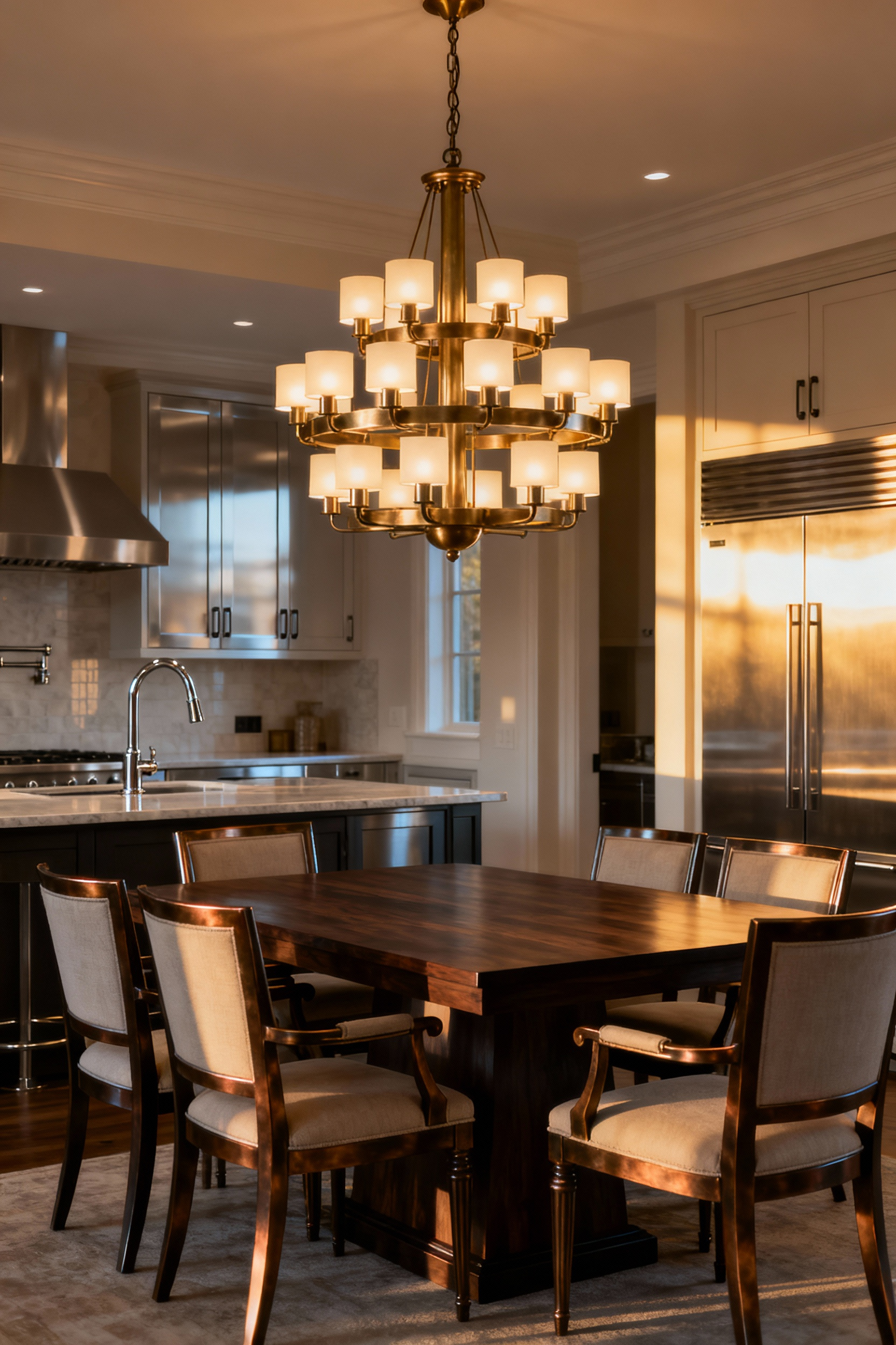 Open-concept dining room showing strategic use of mixed metals featuring a warm brass dining chandelier contrasted against a cool polished nickel kitchen faucet and stainless steel appliances.